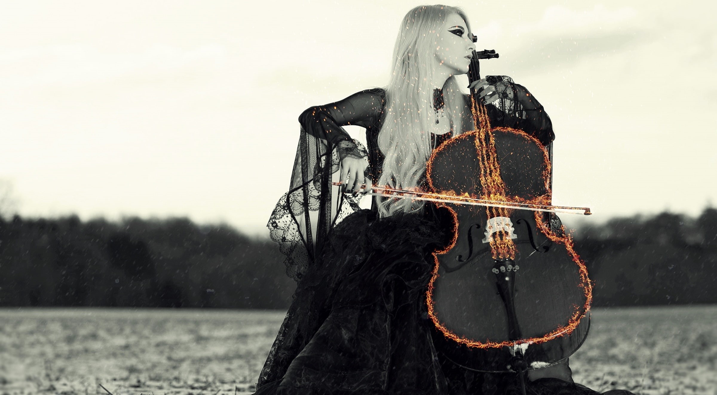 girl, mammal, statue, Music, photomanipulation, human representation, day, cello, violin, art and craft, nature, outdoors, print, spell, 1080P, fantasy, HD Wallpaper