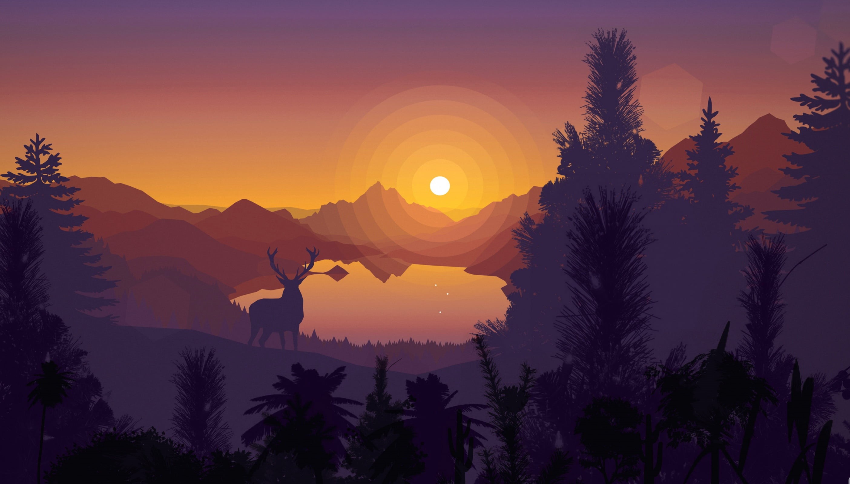 growth, postcard, non-urban scene, nature, scenics - nature, no people, tranquility, deer, tree, sunset, idyllic, orange color, vector, 2K, outdoors, sun, HD Wallpaper