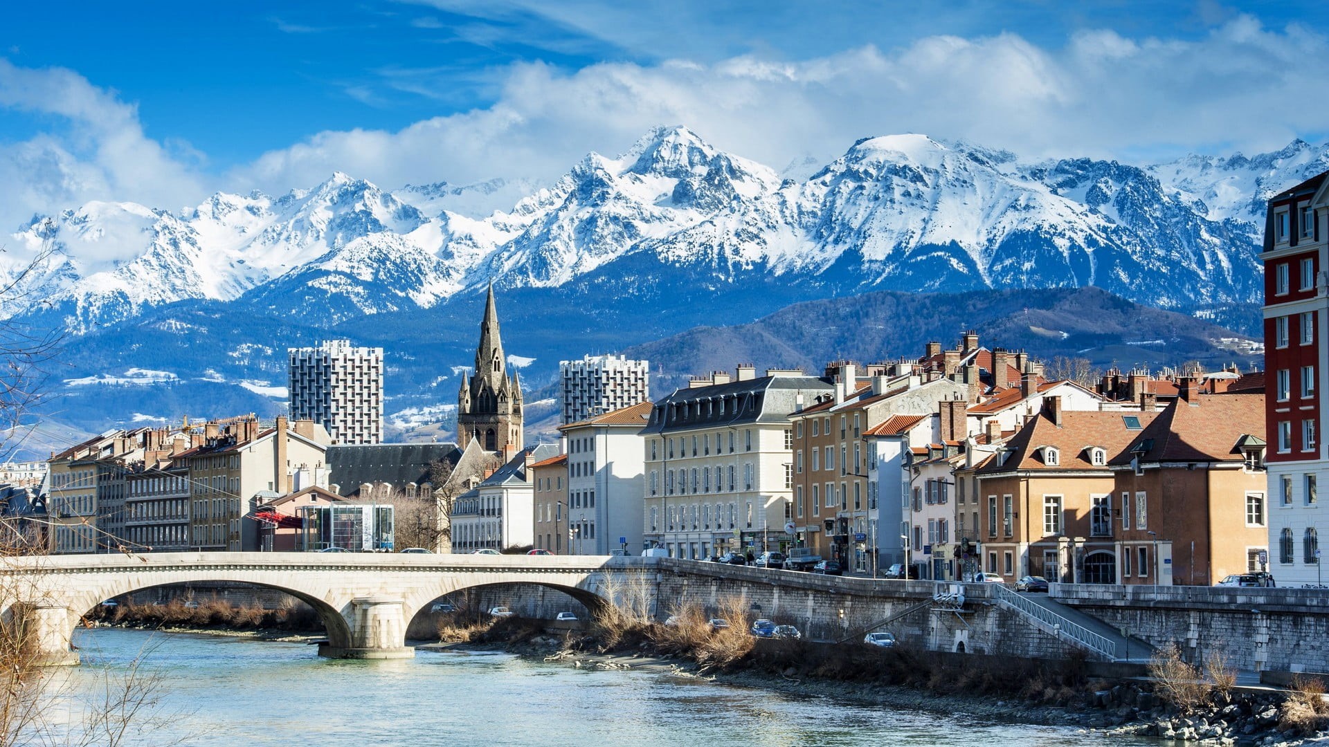 travel, snowcapped mountain, nature, buildings, arch, city, built structure, 1080P, France, water, trees, Grenoble, outdoors, mountains, cold temperature, HD Wallpaper