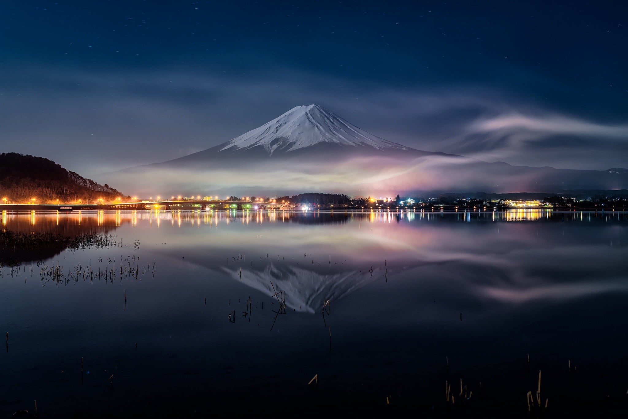 mt, snowy peak, architecture, waterfront, mountains, reflection, night, mountain pass, cloud - sky, scenics - nature, building exterior, mountain, Mount Fuji, HD Wallpaper
