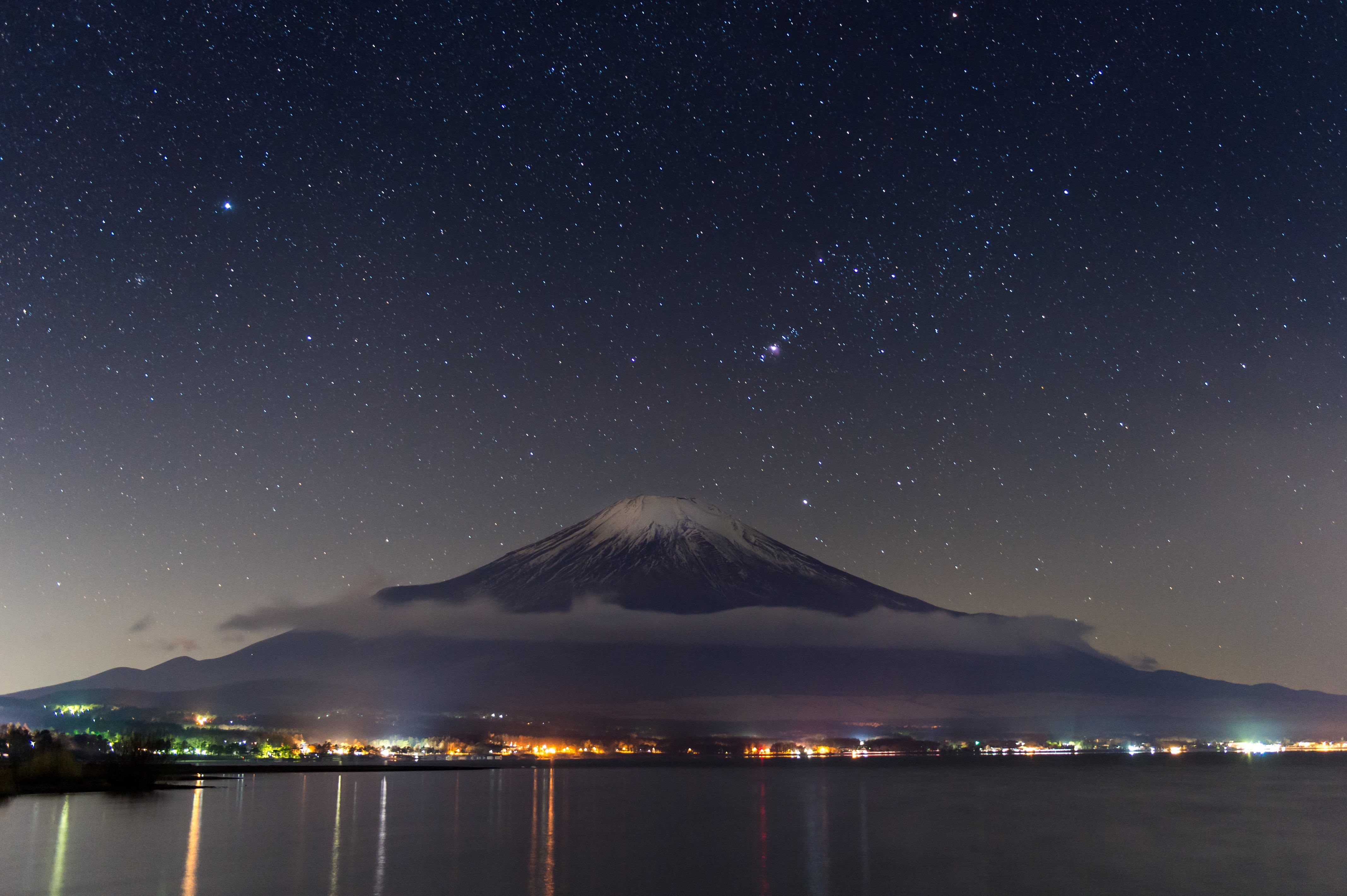 Japan, beauty in nature, Fuji, snow, the sky, winter, astronomy, volcanic crater, 4K, sky, landscape, blue, scenics, mount, tranquility, stars, star - space, HD Wallpaper