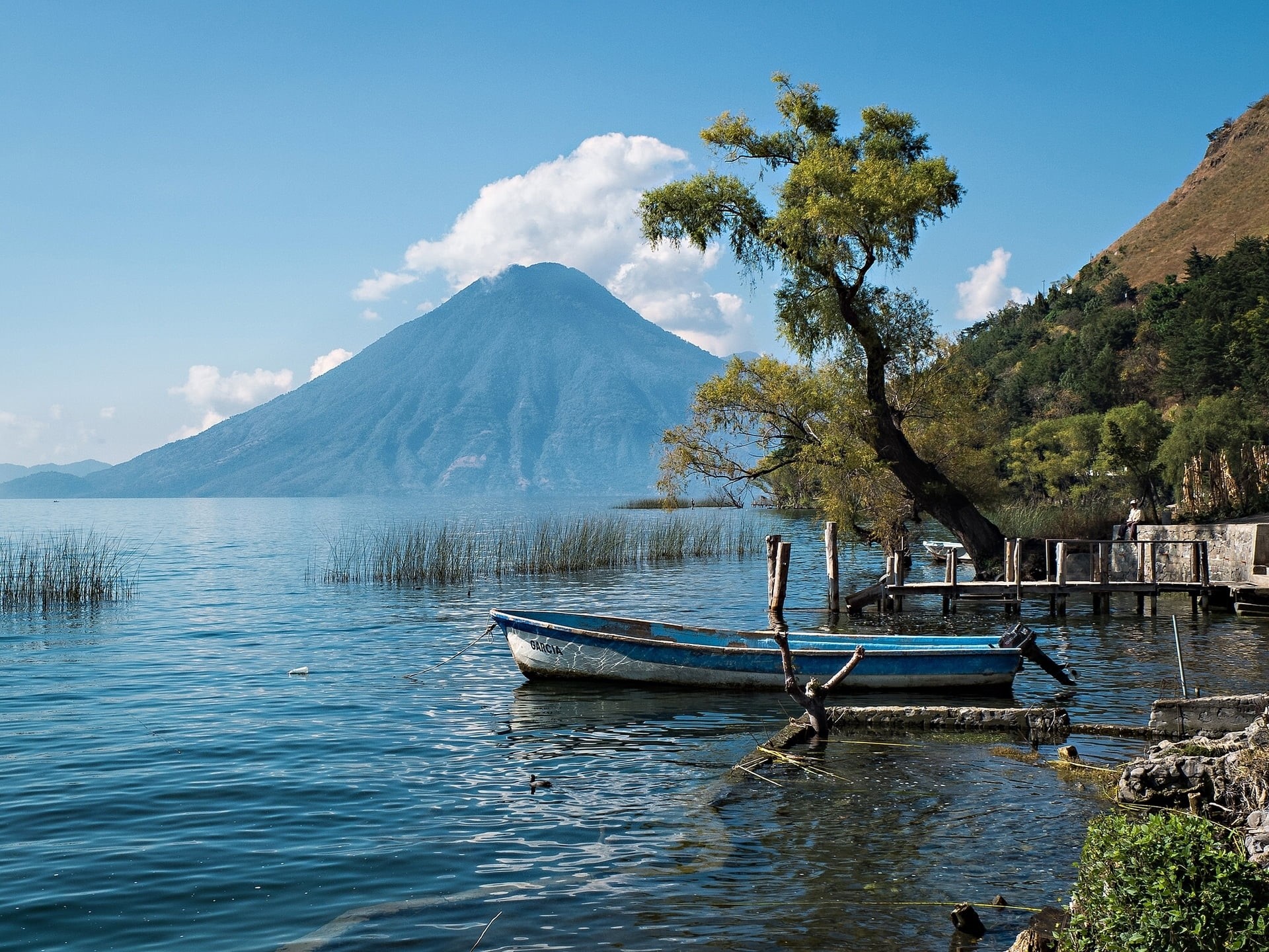 volcano, boat, no People, lake, travel Destinations, mode of transportation, guatemala, tranquil scene, waterfront, scenics, reflection, travel, transportation, HD Wallpaper