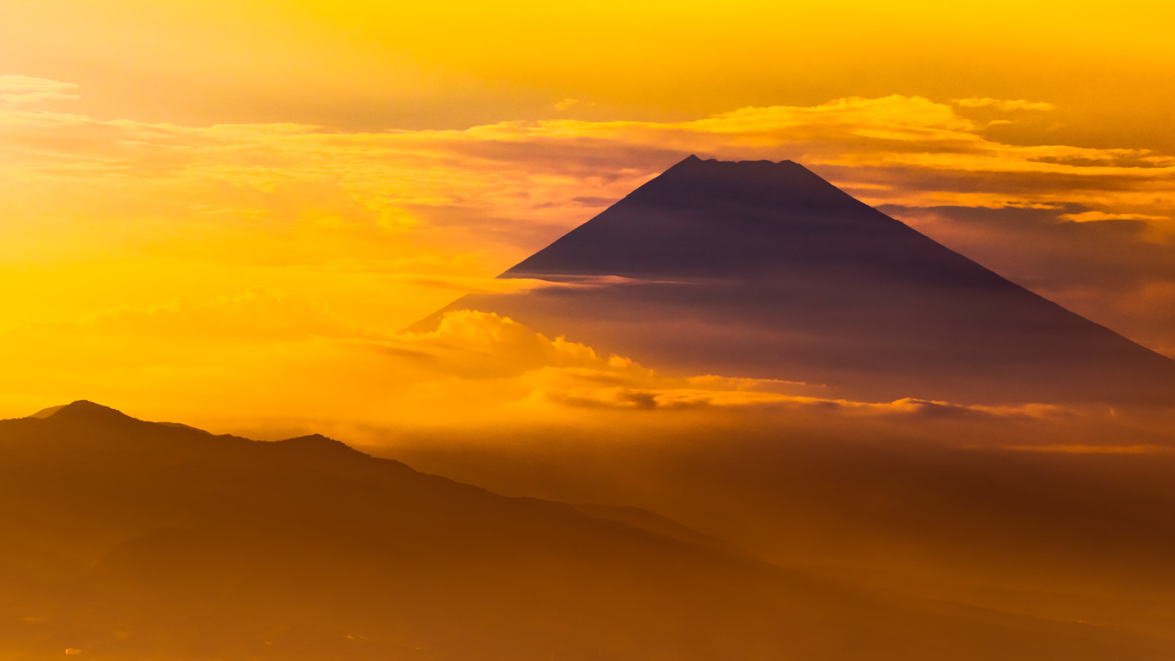 time, fuji, mt, Mt. Fuji, silhouette, ILCE-7M2, yellow, nature, Hakone, 4K, mountains, sunset, orange Color, sky, illustration, SAL70300G, Golden hour, HD Wallpaper