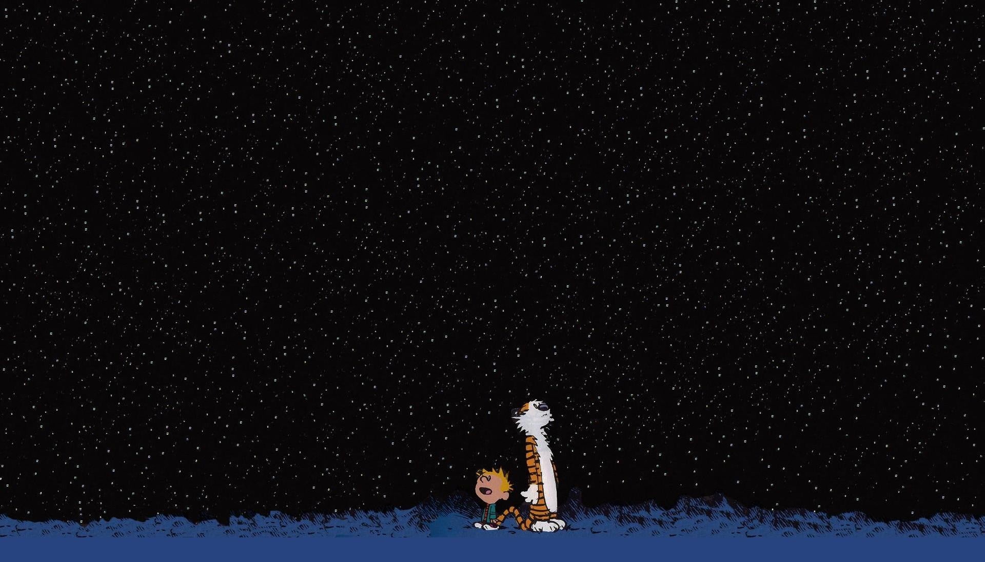 scenics - nature, night, characters, snowcapped mountain, Calvin and Hobbes, nature, lifestyles, two, sport, one person, land, illustration, snowing, unrecognizable person, HD Wallpaper