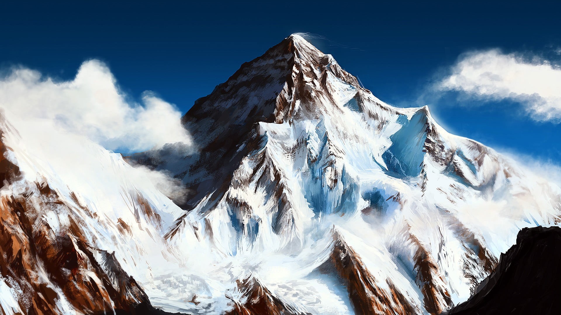 scenics - nature, icy, winter, non-urban scene, mountain, cloud - sky, mountain range, tranquility, formation, painting, tranquil scene, snowcapped mountain, HD Wallpaper