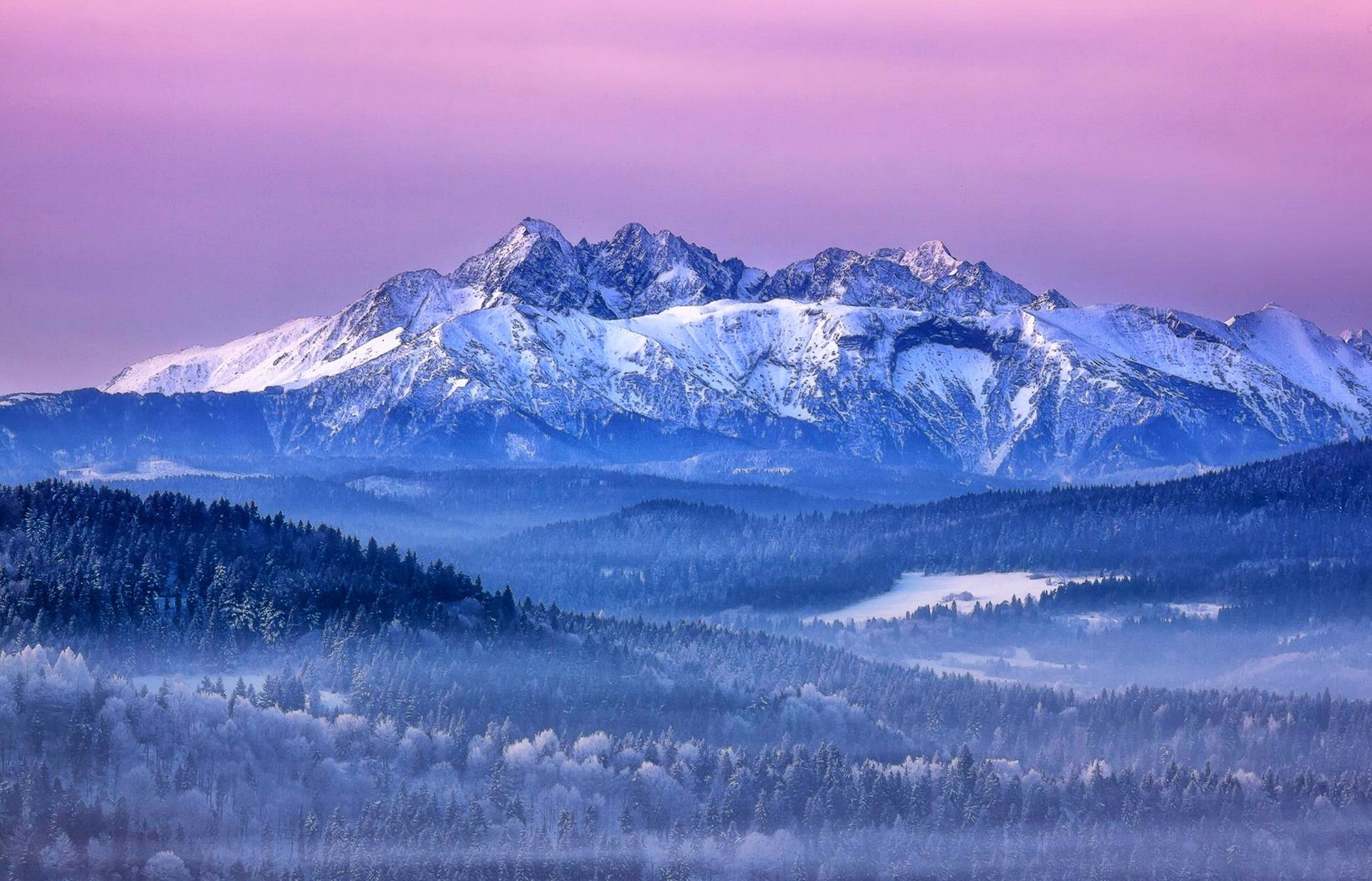 mountains, fog, mountain, Slovakia, sky, pine tree, twilight, ice, winter, travel destinations, landscape, cold temperature, icy, snow, 1080P, pink, forest, HD Wallpaper