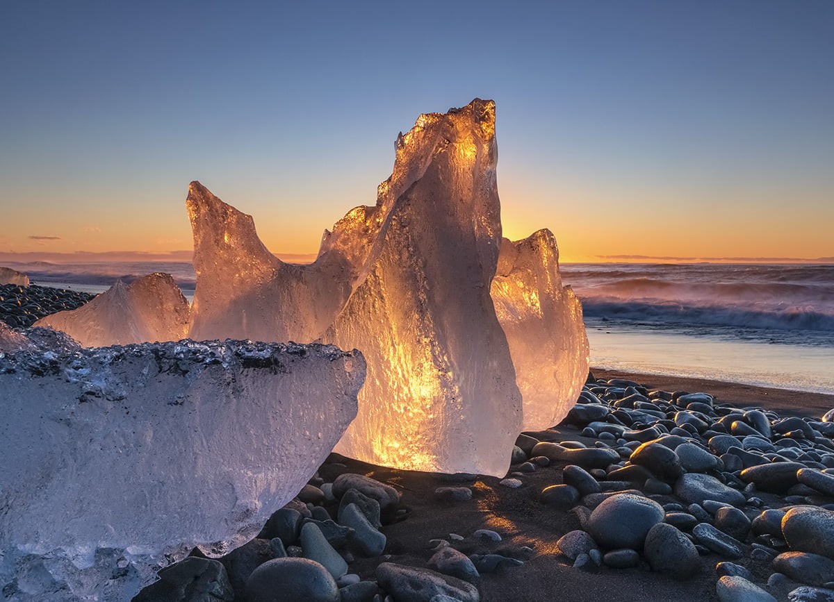 480P, ice, Icy, sunset, Jökulsárlón, outdoor, landscape, ice formation, icelandic, formation, iceberg, imaging, adventure, Sunrise, sand, glacial, Iceland, HD Wallpaper