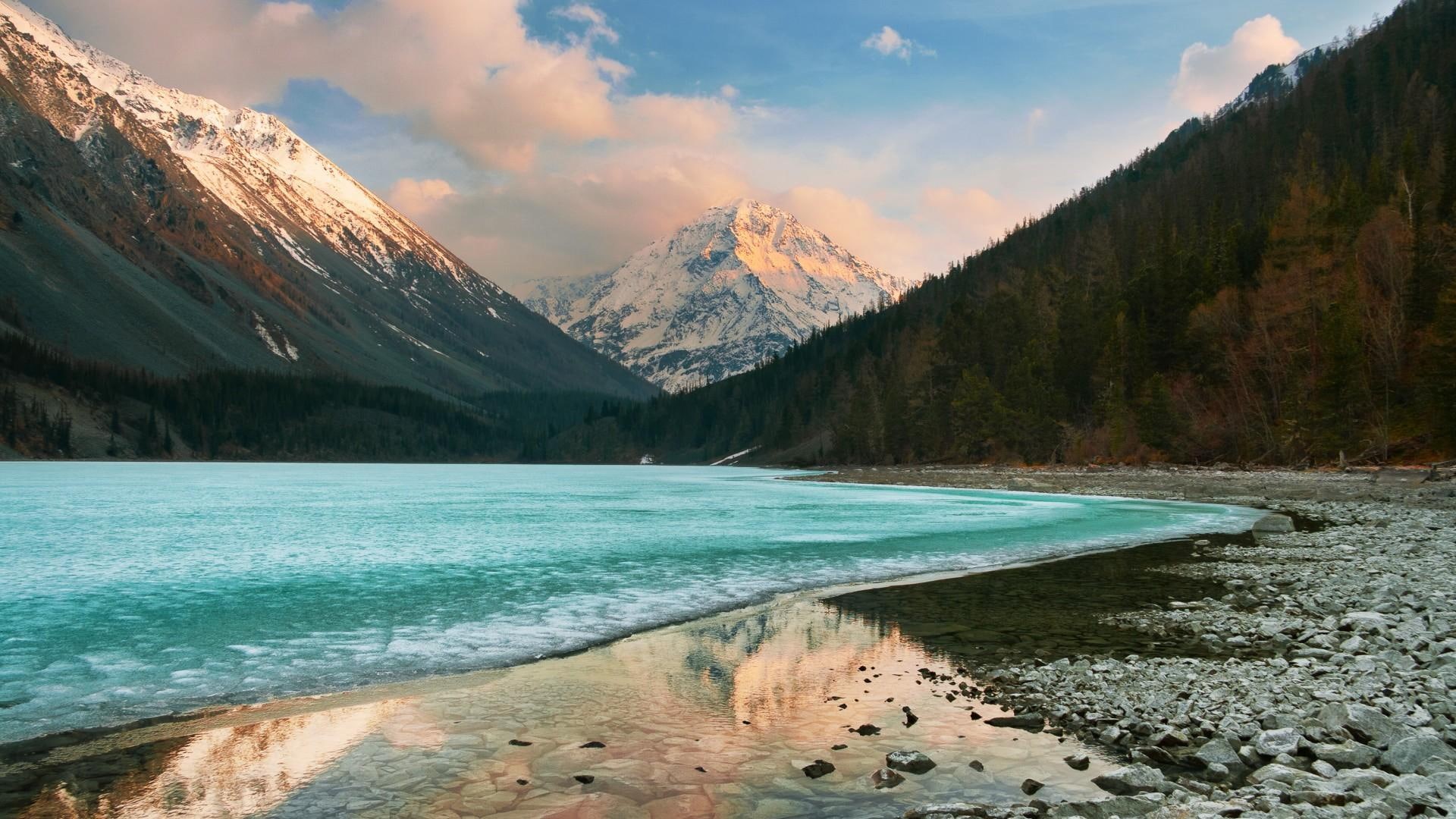 snow, mountain, icy, clouds, siberia, shore, 1080P, forozen, kucheria, covered, mountains, nature and landscapes, lake, HD Wallpaper