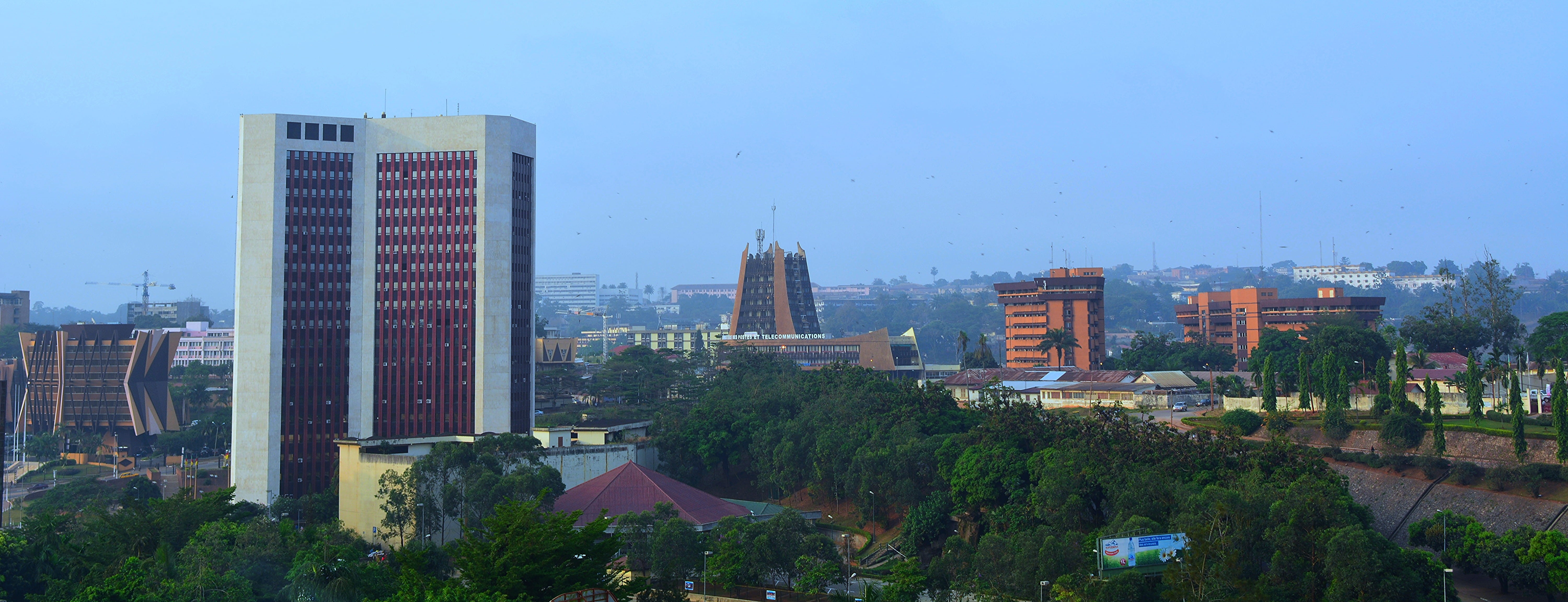 tower, cameroun, sky, nature, modern, downtown, residential district, clear sky, architecture, panorama, city, trees, ici cest yaoundé, tall - high, high rise, HD Wallpaper