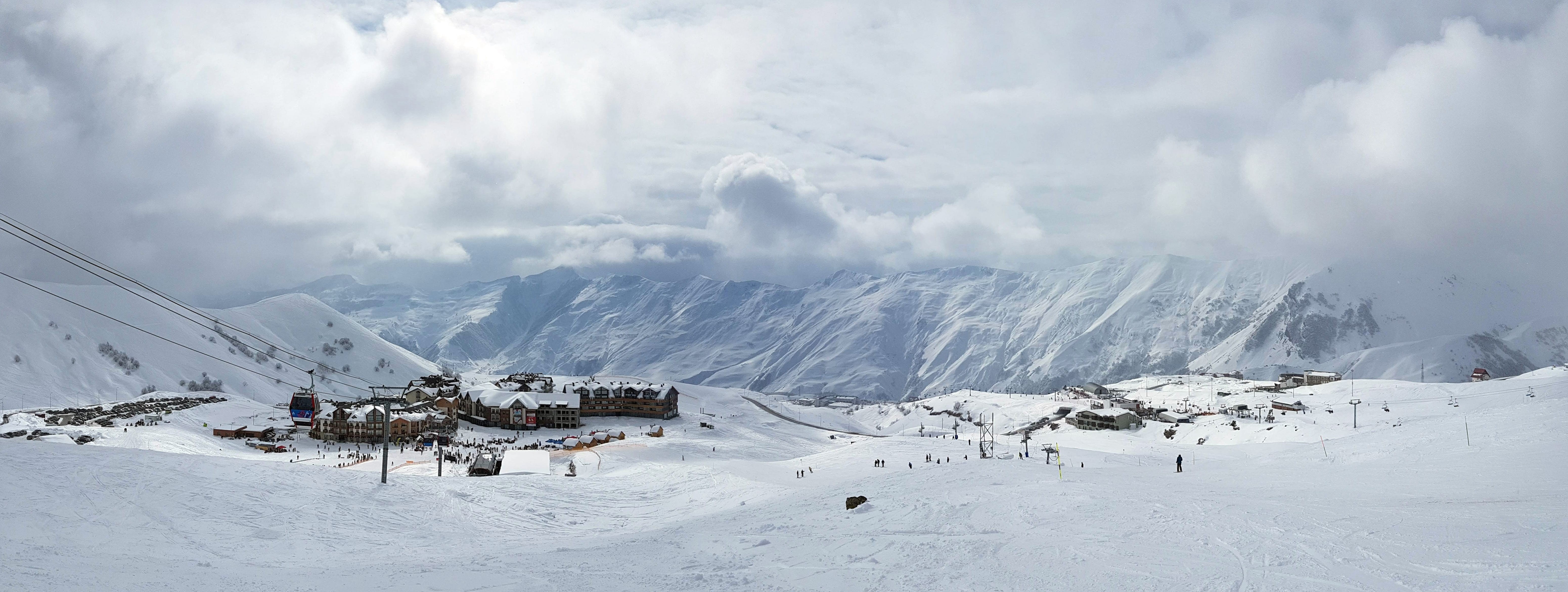 winter, scenics - nature, beauty in nature, snowing, tranquility, architecture, 5K, mountain, cloud - sky, cold temperature, land, environment, rock, travel, HD Wallpaper