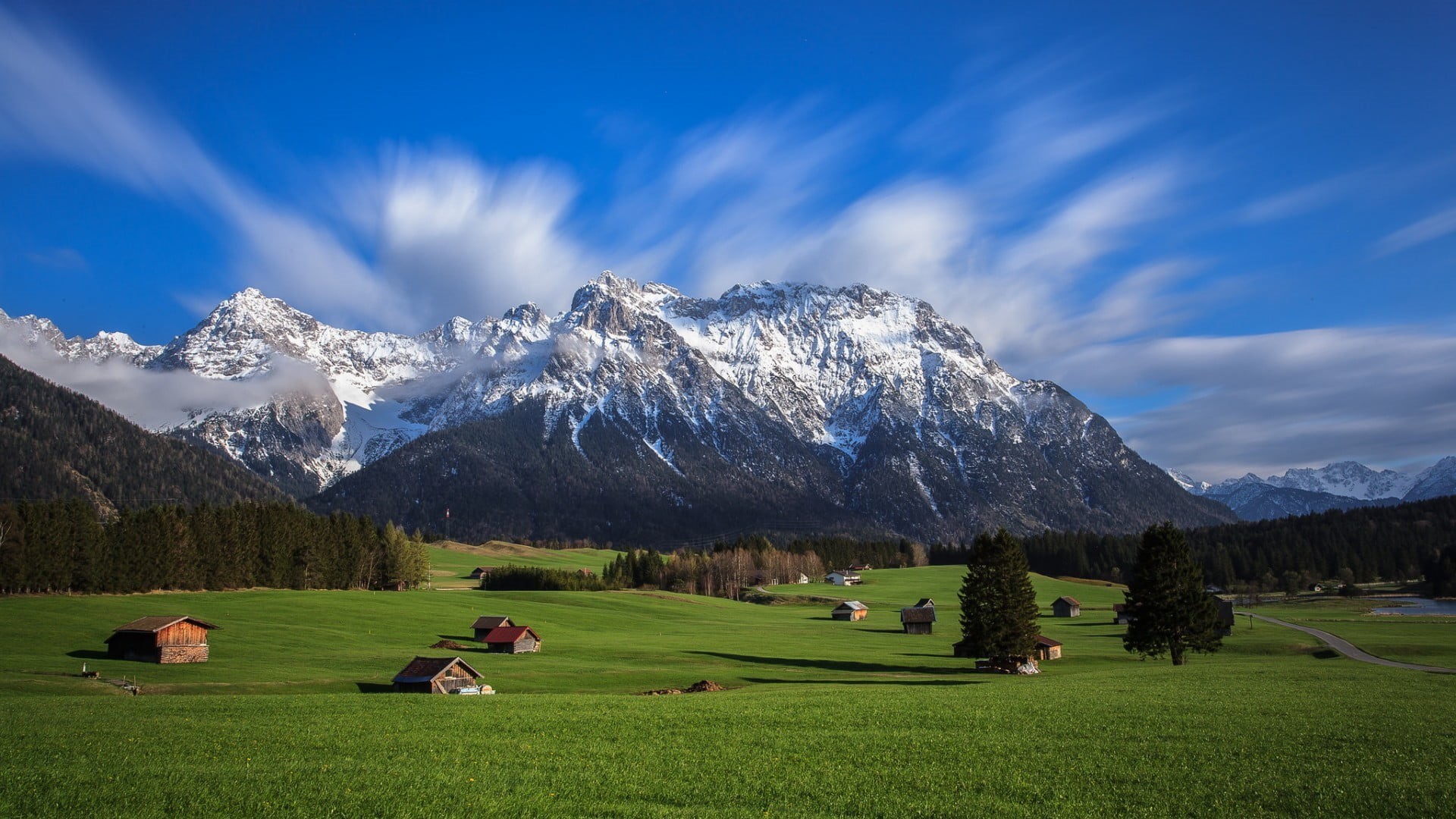 black, tranquil scene, field, green color, snow, grass, scenics - nature, long exposure, sky, snowy peak, idyllic, mountain peak, pine trees, plant, nature, HD Wallpaper