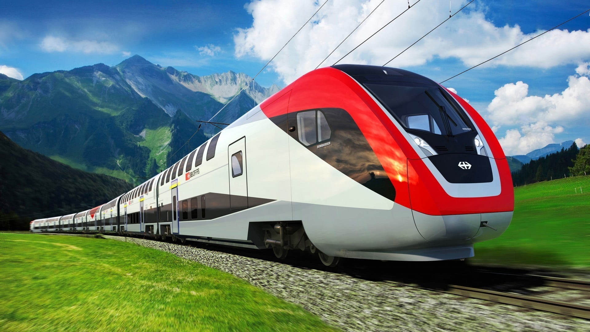 modern, red, mountain, railway, travel, sunlight, mountains, land vehicle, nature, outdoors, field, 1080P, hills, landscape, blue, environment, grass, HD Wallpaper