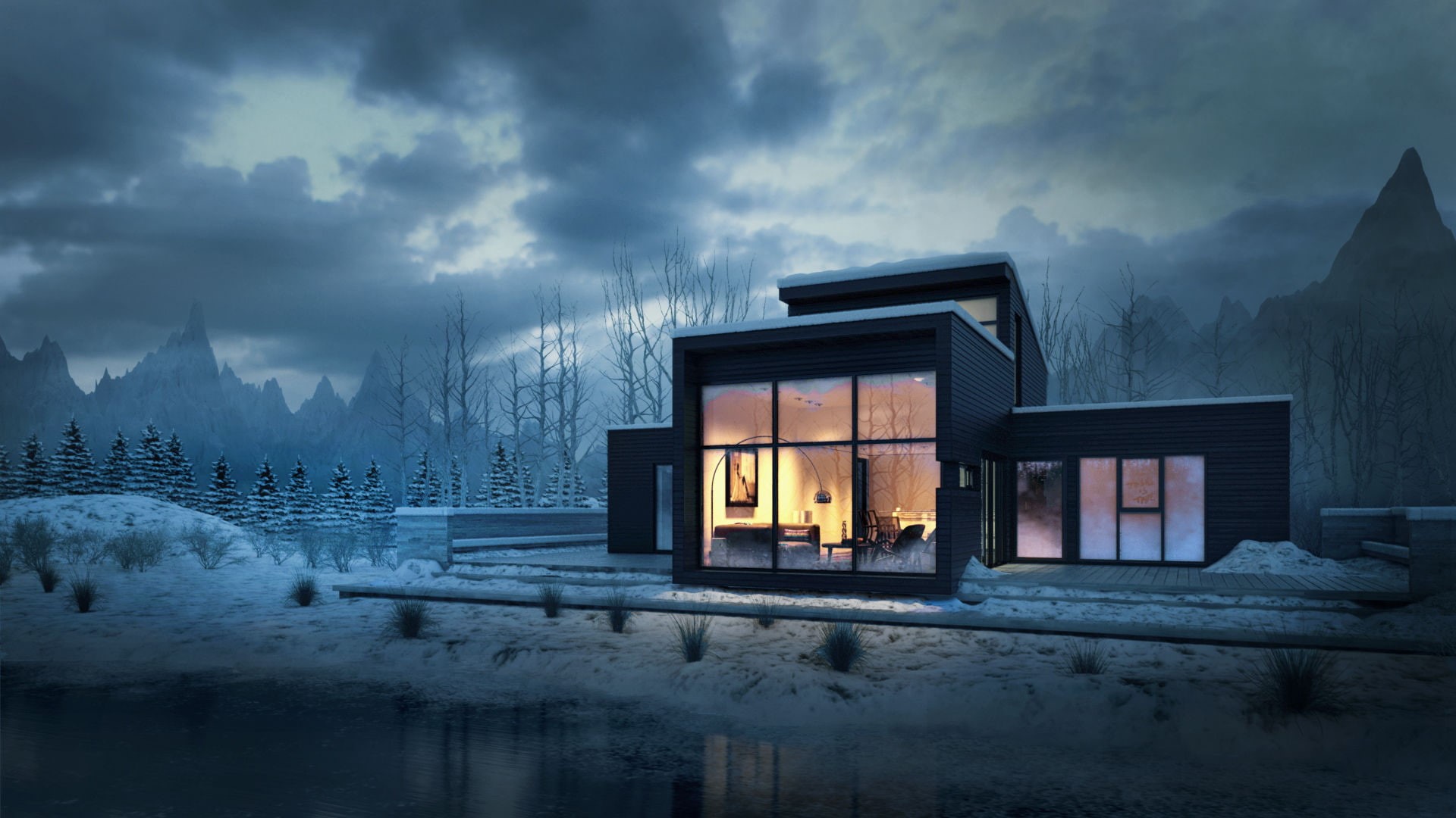 Trees, art, pine, Landscape, lake, Lights, 1080P, snow, mountains, hd, entertainment, Pine Trees, Winter, px, house, modern, architecture, 1920x1080 px, HD Wallpaper