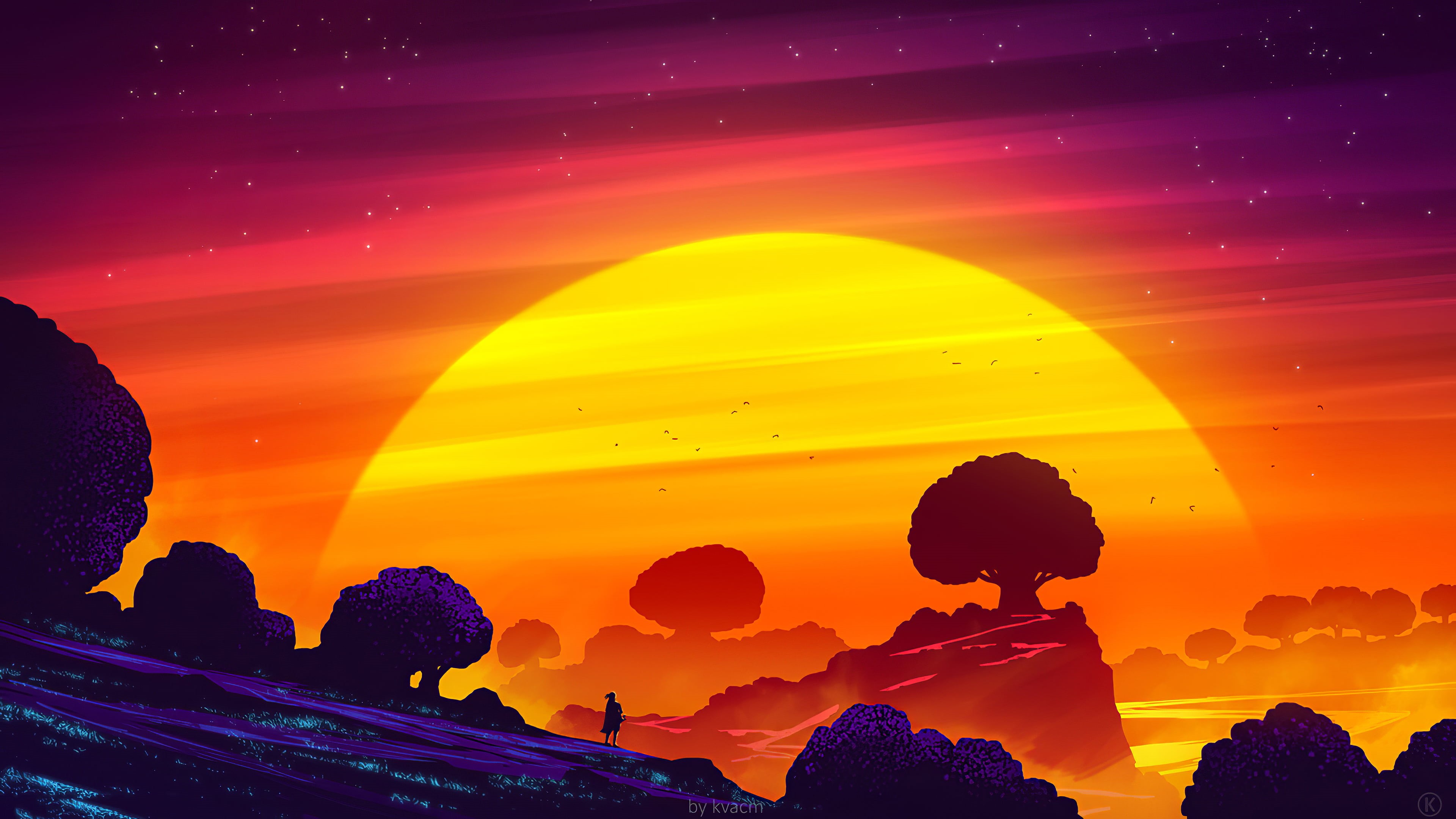 illustration, nature, 4K, sunset, 4K, digital painting, landscape, Africa, warm, synthwave, artwork, colorful, trees, calm, sunlight, fantasy art, digital art, HD Wallpaper