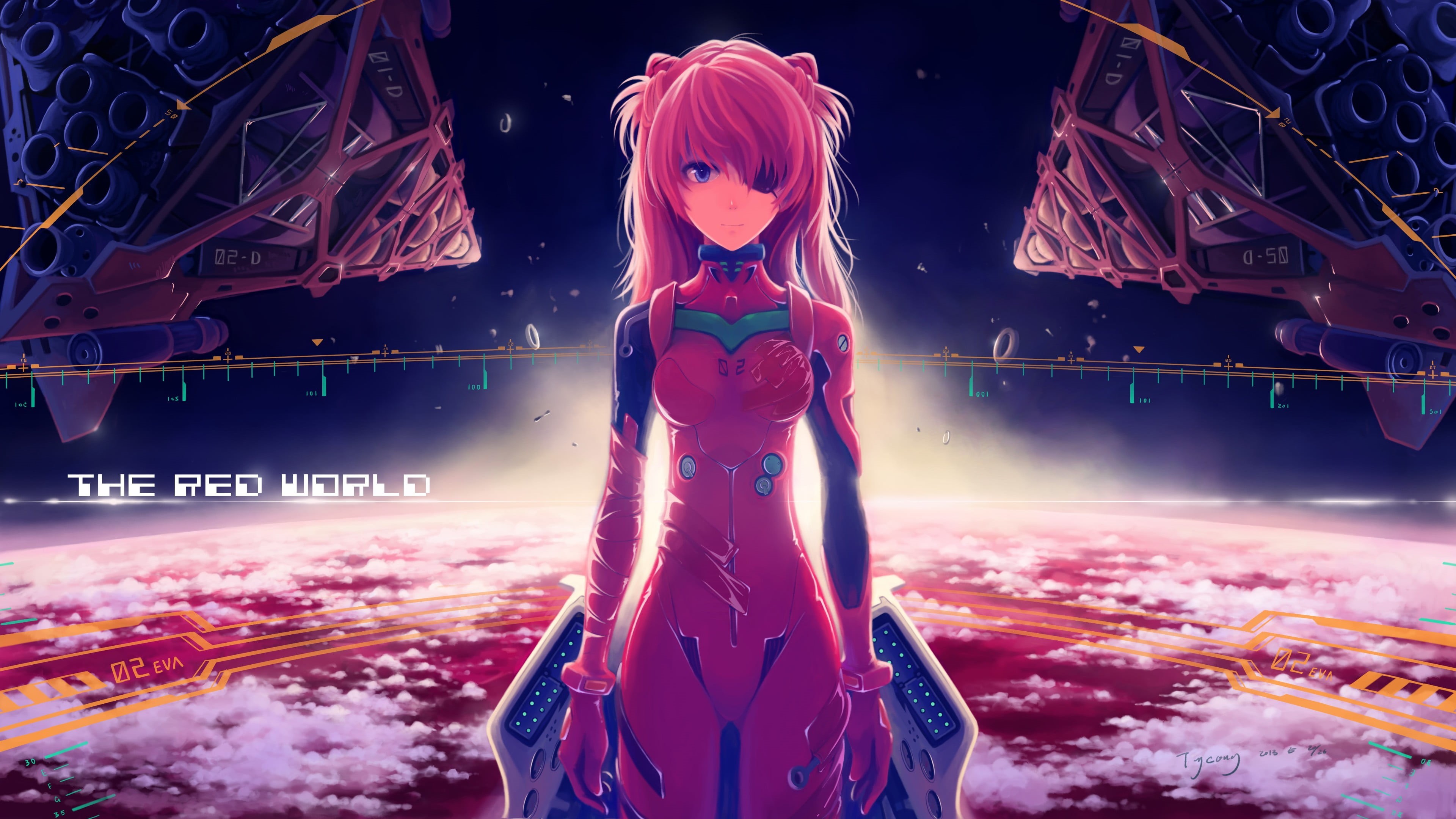 Asuka Langley Soryu, HUD, red, space, anime girls, Asuka Langley Shikinami, mecha girls, sky, pink, representation, planet, night, Earth, clouds, eyepatches, HD Wallpaper