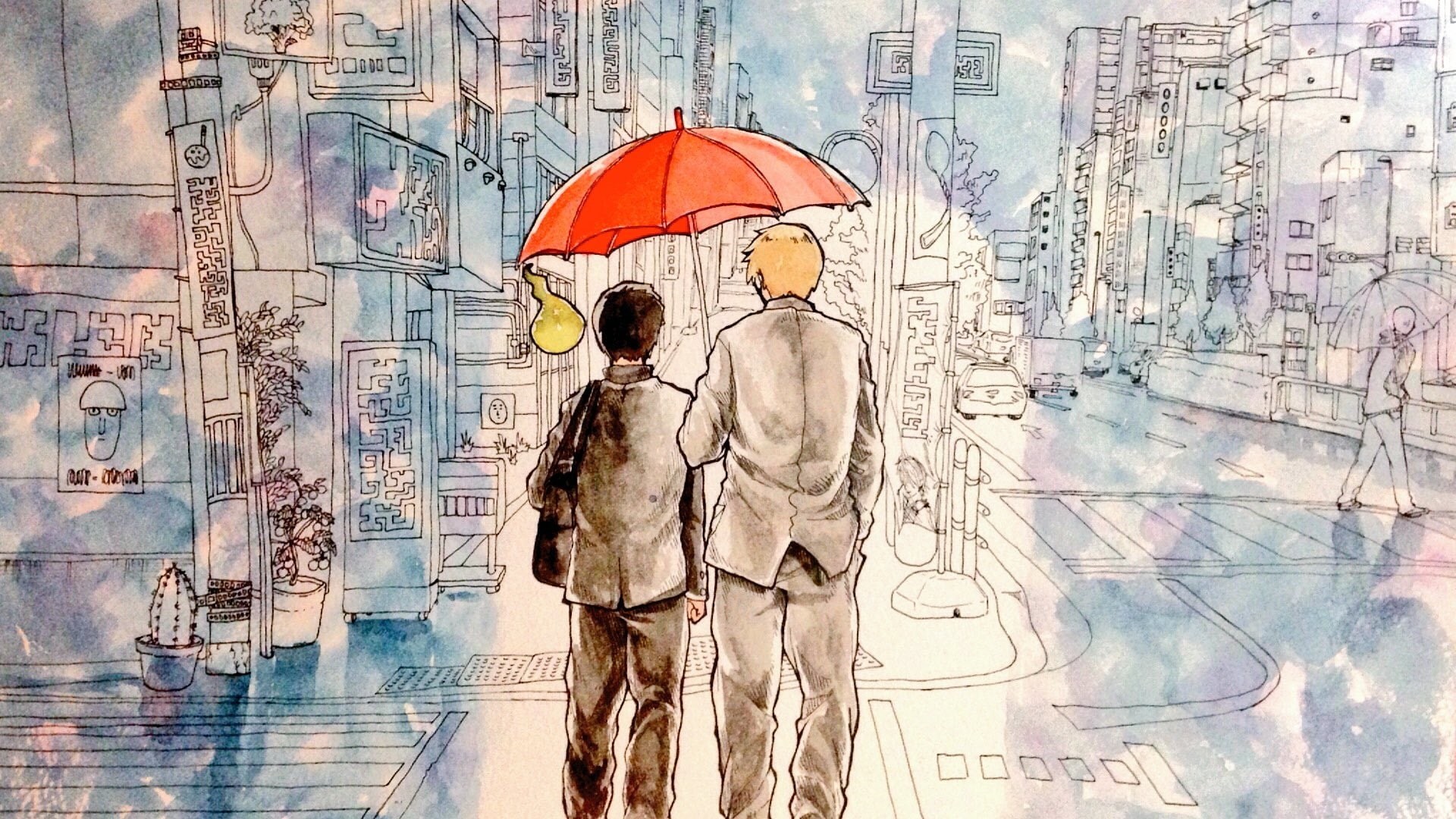 umbrella, people, painting, Mob Psycho 100, 1080P, Kageyama Shigeo, warm colors, building, street, watercolor, artwork, HD Wallpaper