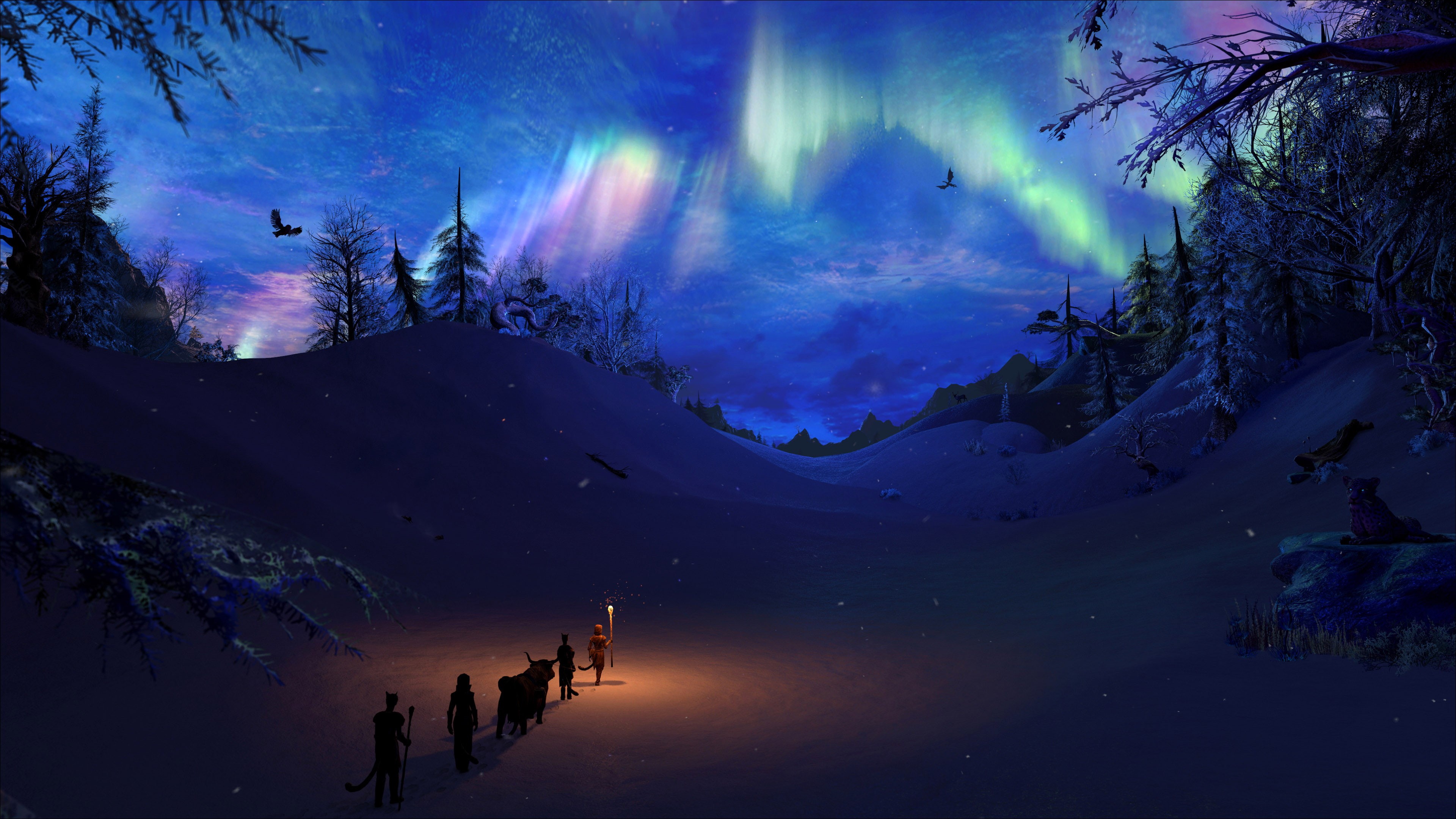 night, The Elder Scrolls V: Skyrim, Aurora, winter, snow, landscape, 4K, artwork, fantasy art, HD Wallpaper