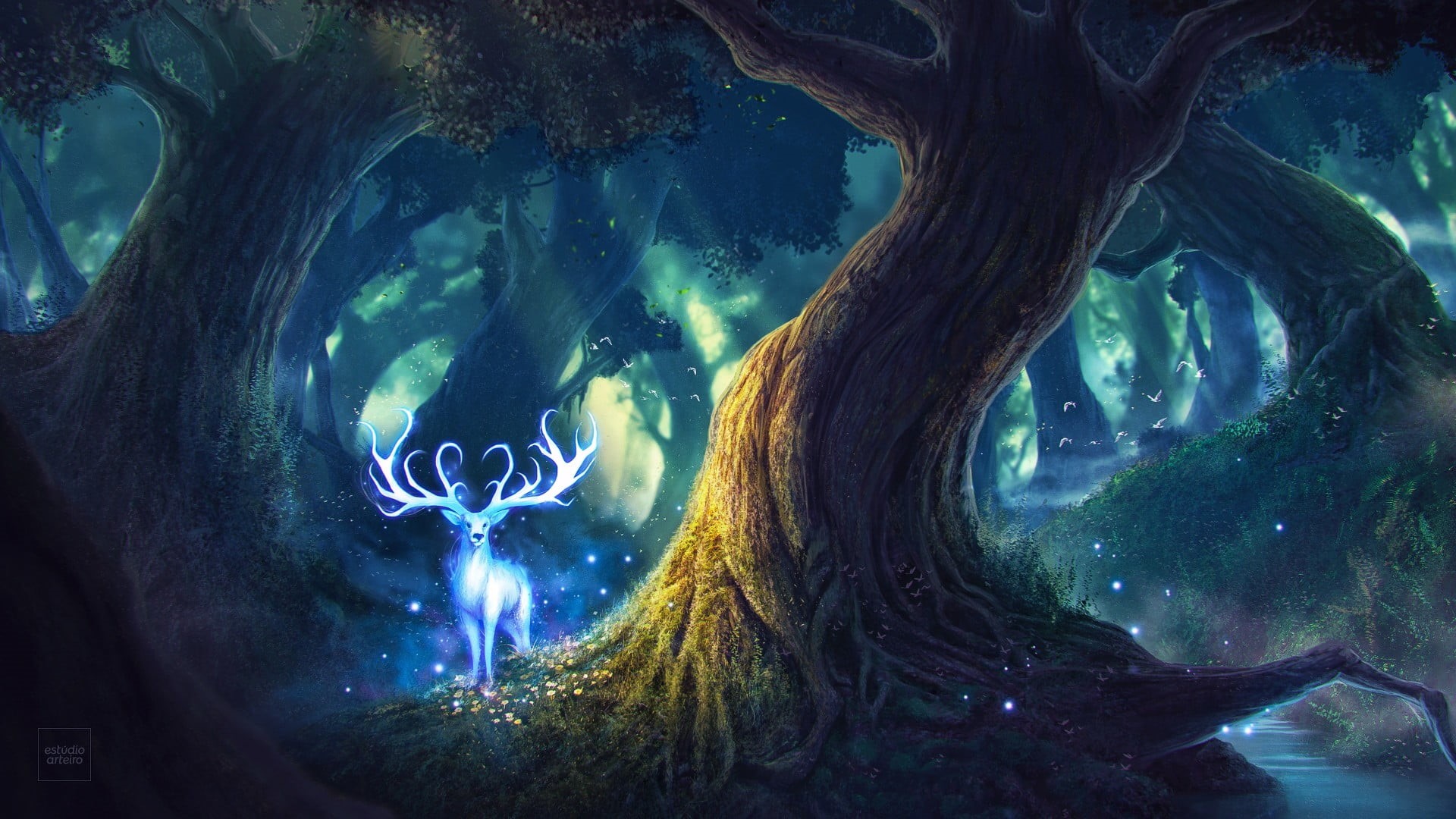  deer, blue, vertebrate, undersea, underwater, swimming, beauty in nature, digital, animal, fairy tale, forest, tree trunk, no people, 1080P, HD Wallpaper