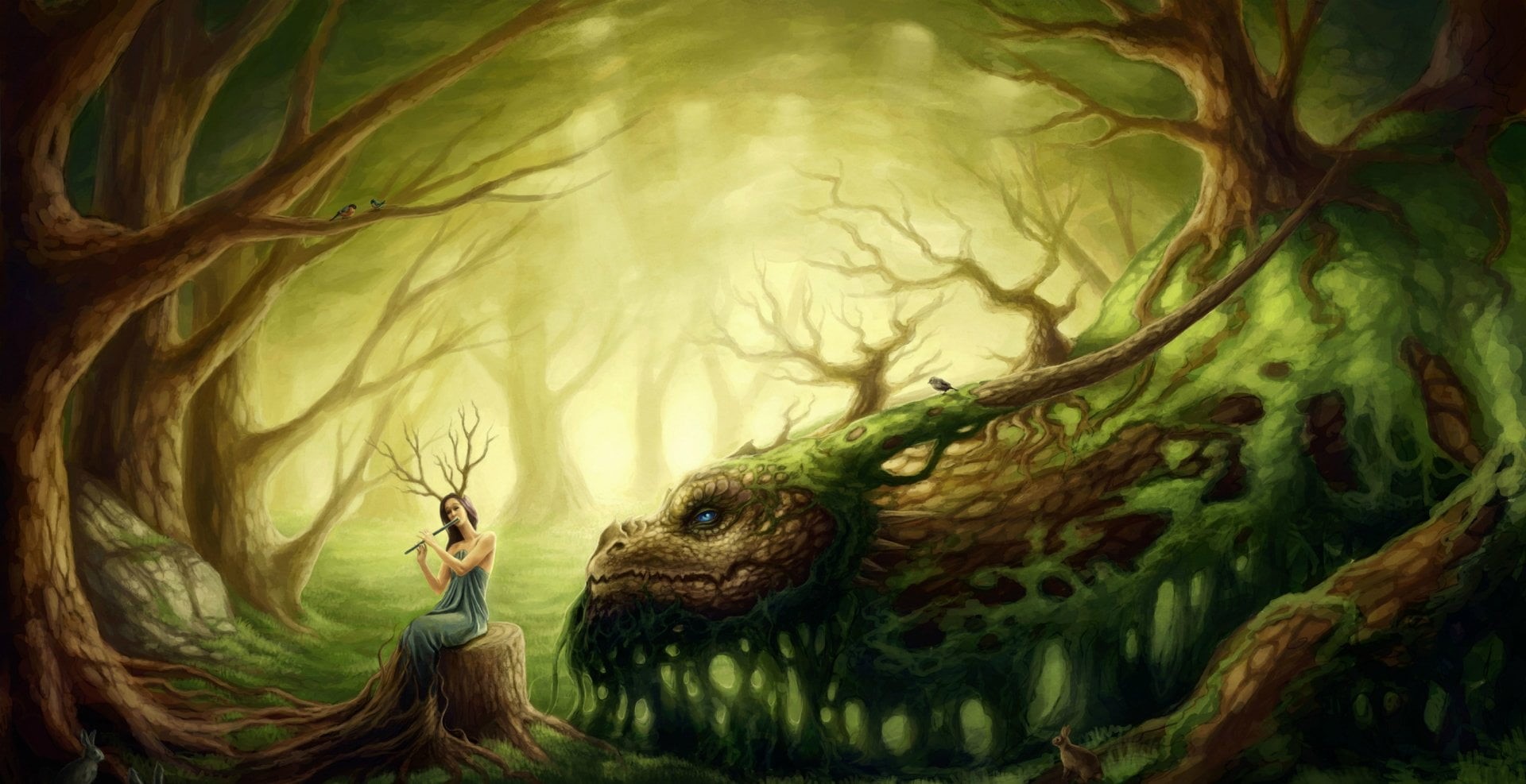 animal wildlife, animals in the wild, fairy, 1080P, green color, women, adult, Sylvan, vertebrate, tree, bird, fairy tale, contemplation, Woman, forest, HD Wallpaper