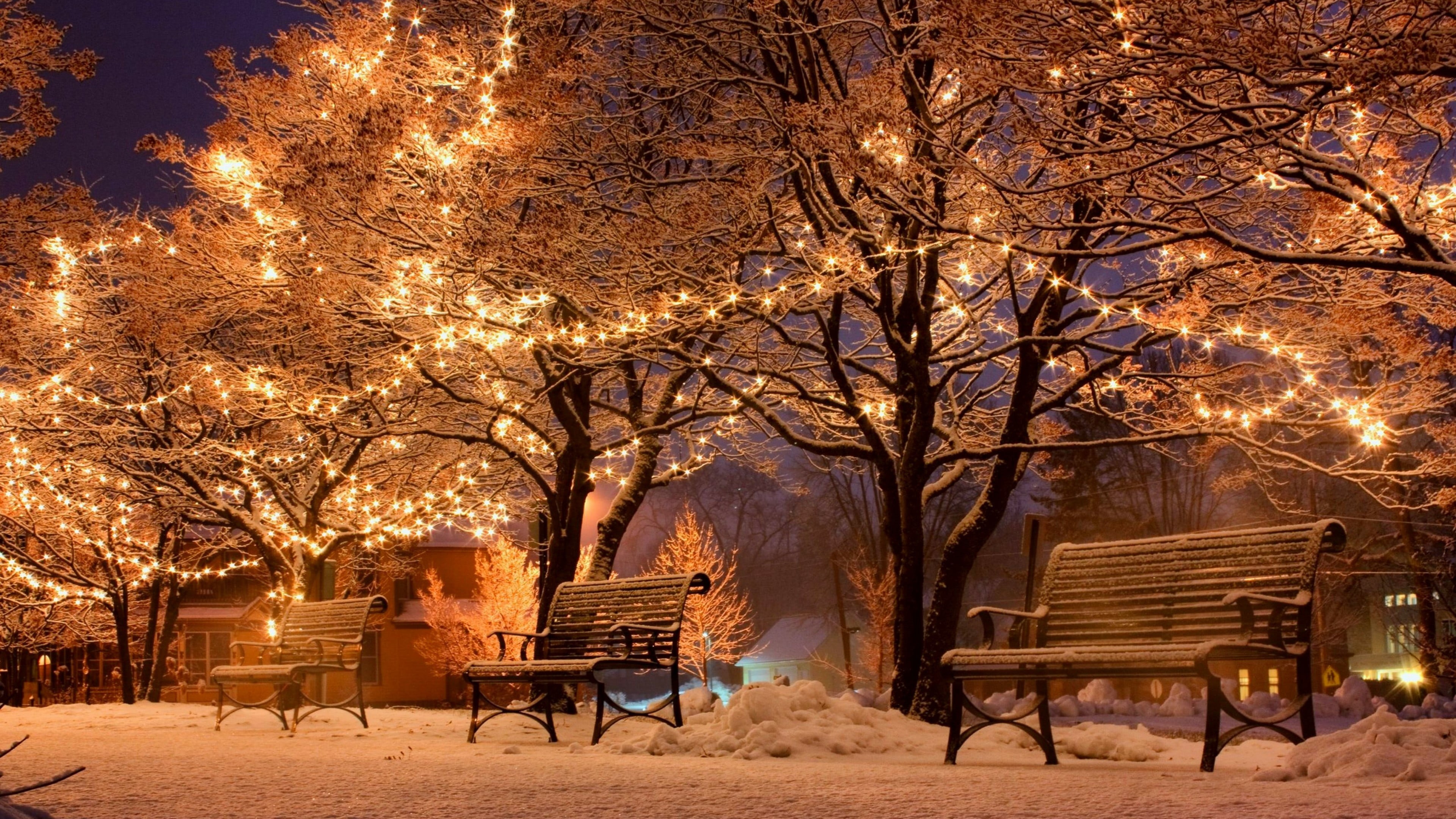 frost, lighting, outdoors, sky, seat, plant, christmas, beauty in nature, decoration, evening, cold temperature, christmas lights, illuminated, park, chair, HD Wallpaper