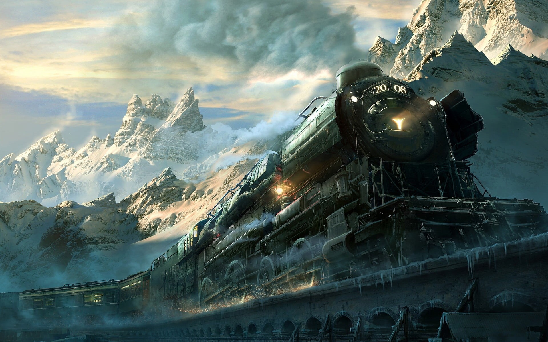 steam, steam locomotive, snowy peak, sky, nature, beauty in nature, water, cloud - sky, cold temperature, winter, snowcapped mountain, sunlight, snow, sunset, HD Wallpaper