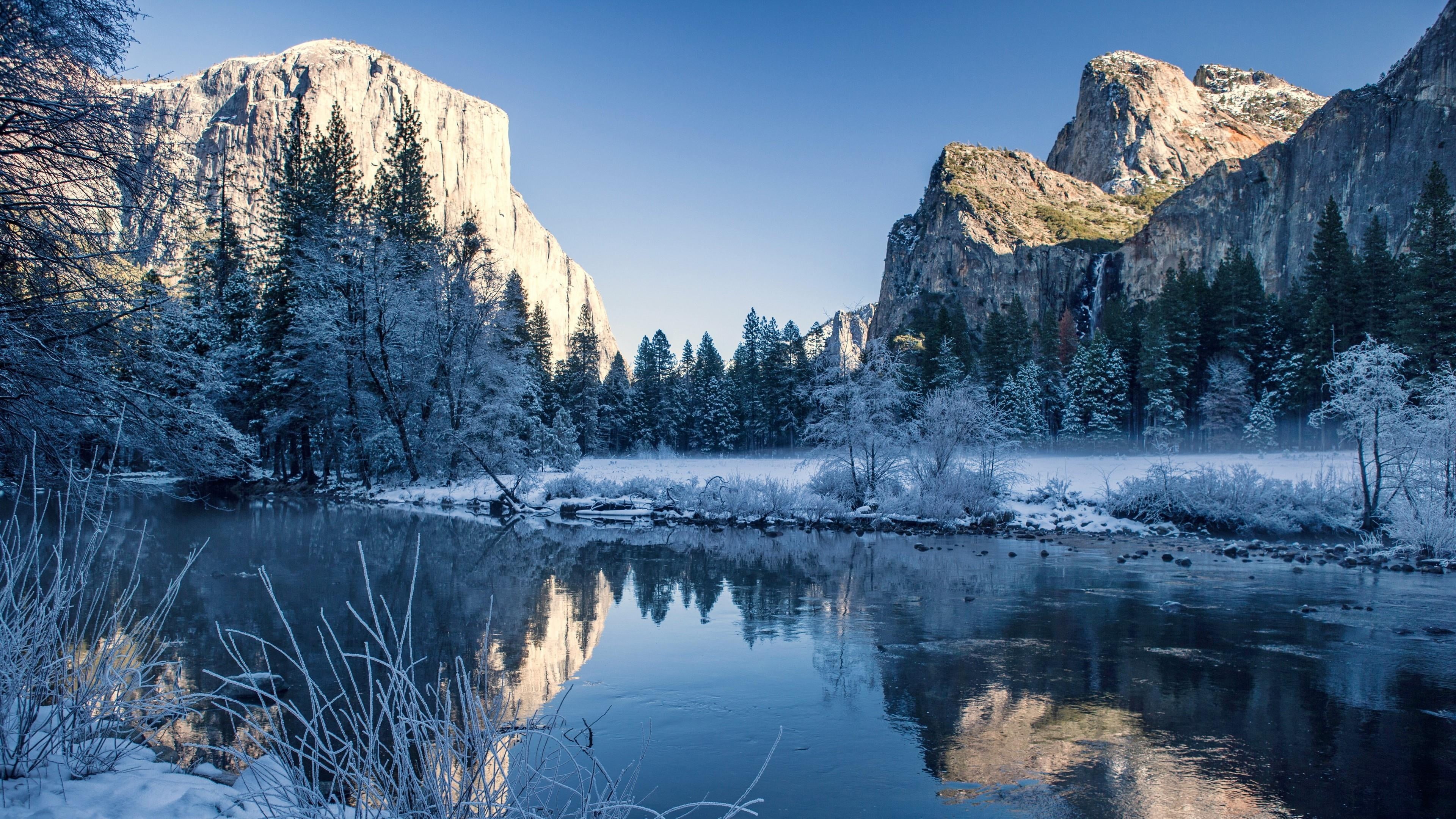 snow, idyllic, tranquil scene, 4K, winter, day, frost, sky, reflection lake, tranquility, california, nature, mountain, tree, pine tree, no people, lake, HD Wallpaper