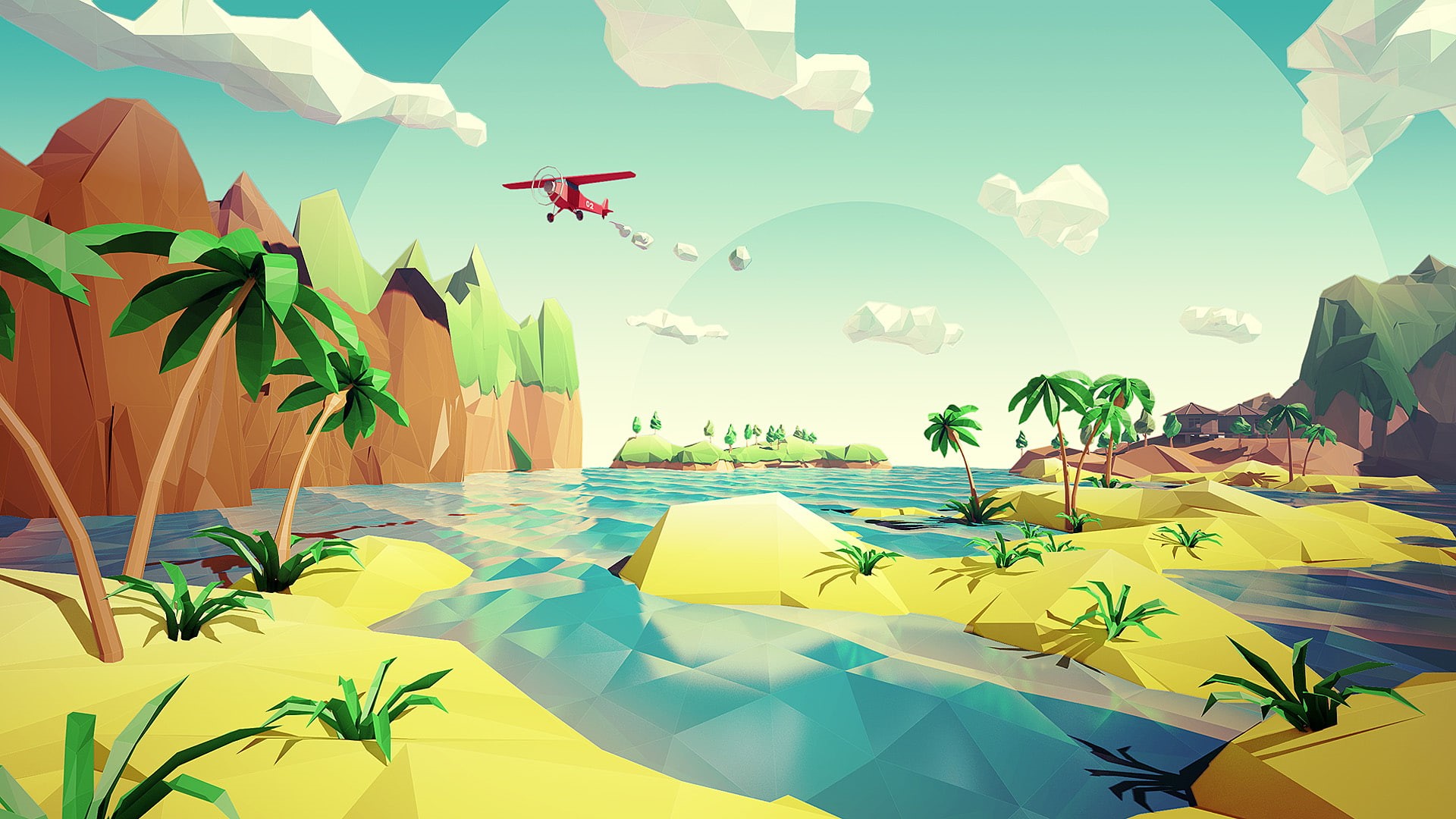 airplane, hd, 1080P, polygon, tropical, palm, digital/artwork, plane, trees, art, HD Wallpaper