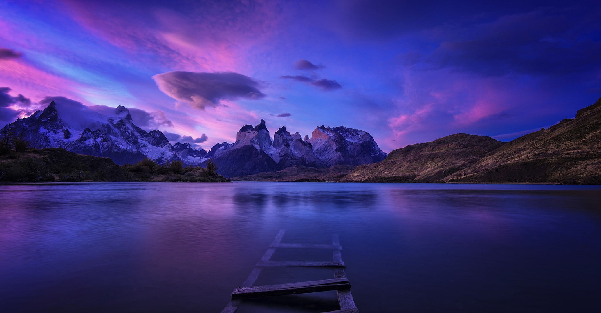 purple, calm, panorama, water, no people, cloud - sky, scenics - nature, environment, beauty in nature, mountain, reflection, 1080P, mountains, landscape, HD Wallpaper
