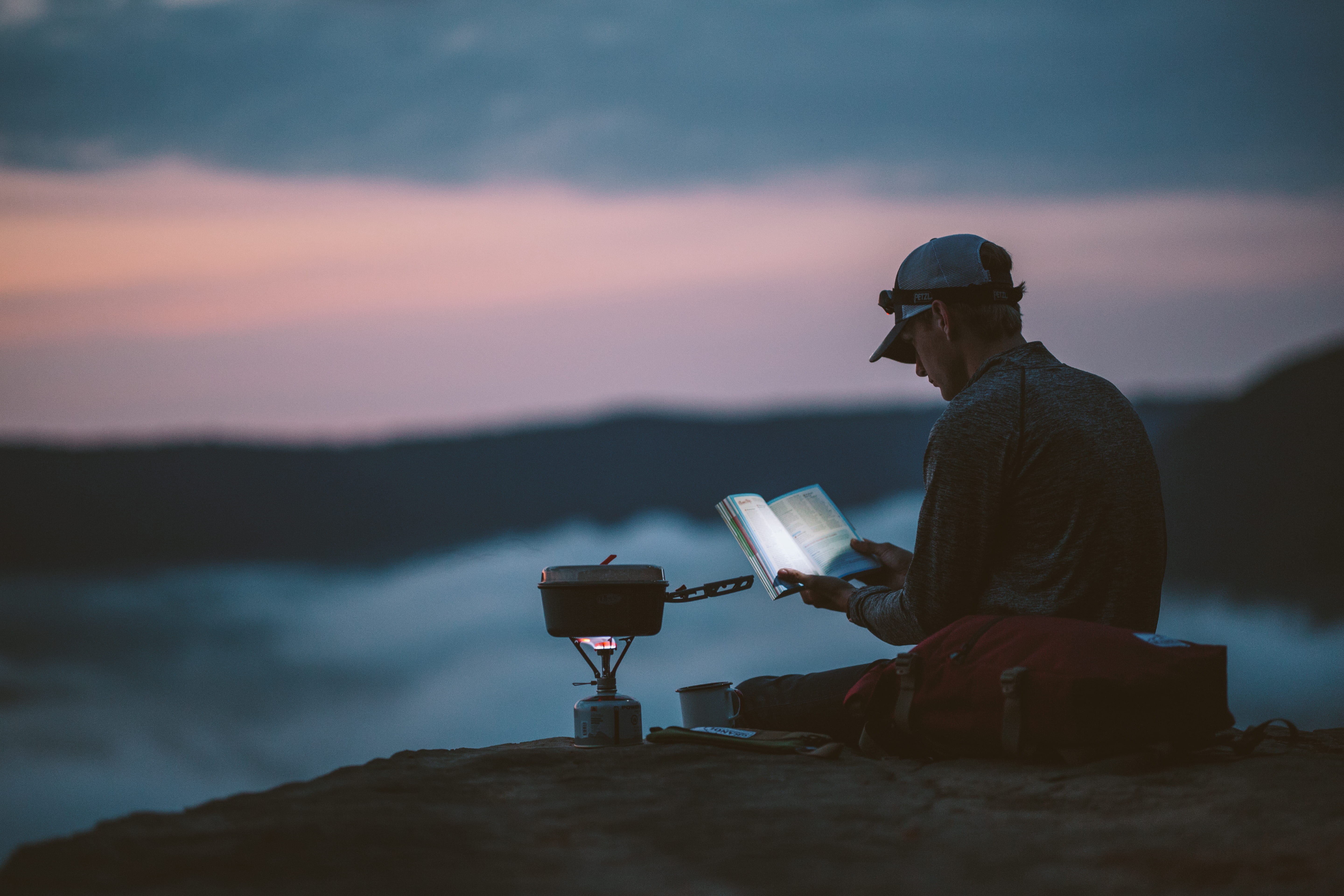 explore, pan, men, sit, hat, white, sunset, one person, wanderlust, guidebook, connection, gray, top, man, person, stove, 5K, dusk, nature, bag, hold, HD Wallpaper