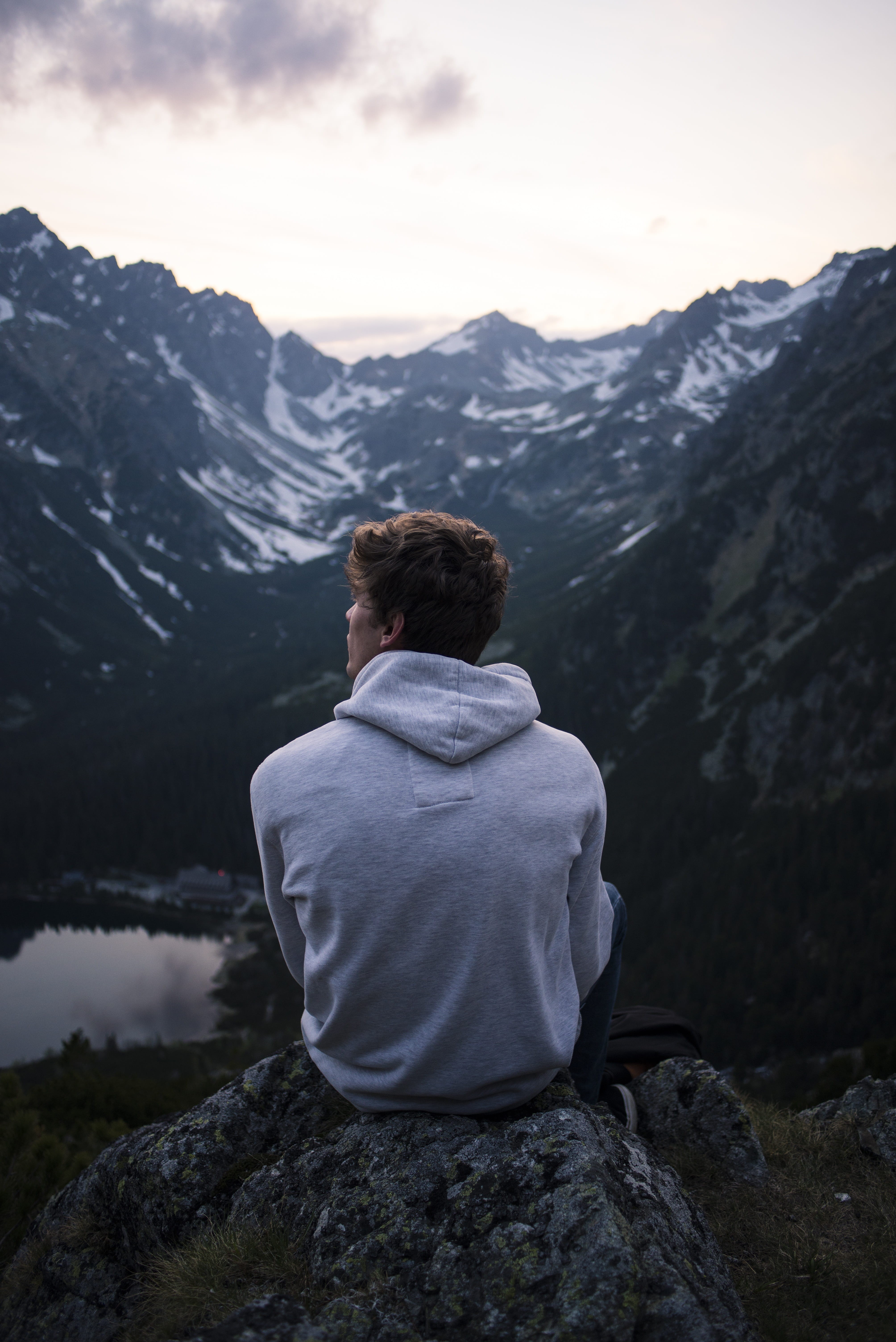 rock, tranquility, person, rock - object, 5K, mountain, photo, non-urban scene, leisure activity, mountain range, sitting, lifestyles, man, rear view, Phone HD Wallpaper