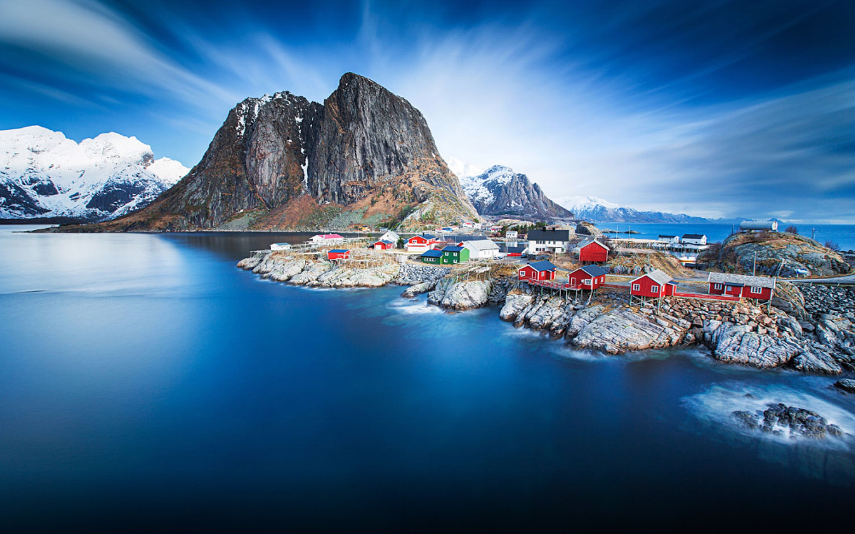 blue, tranquility, landscape, tranquil scene, 2K, lagoon, desktop, norway, mountain, environment, snow, mountain range, hamnoy, mountain peak, HD Wallpaper