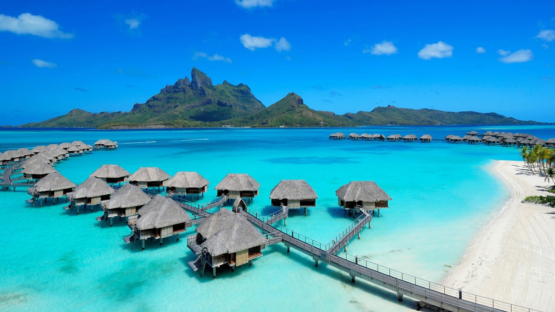 beauty in nature, 1080P, beach, blue, tranquility, land, water, bay, scenics - nature, landscape, tranquil scene, transportation, Bora Bora, idyllic, cloud - sky, HD Wallpaper