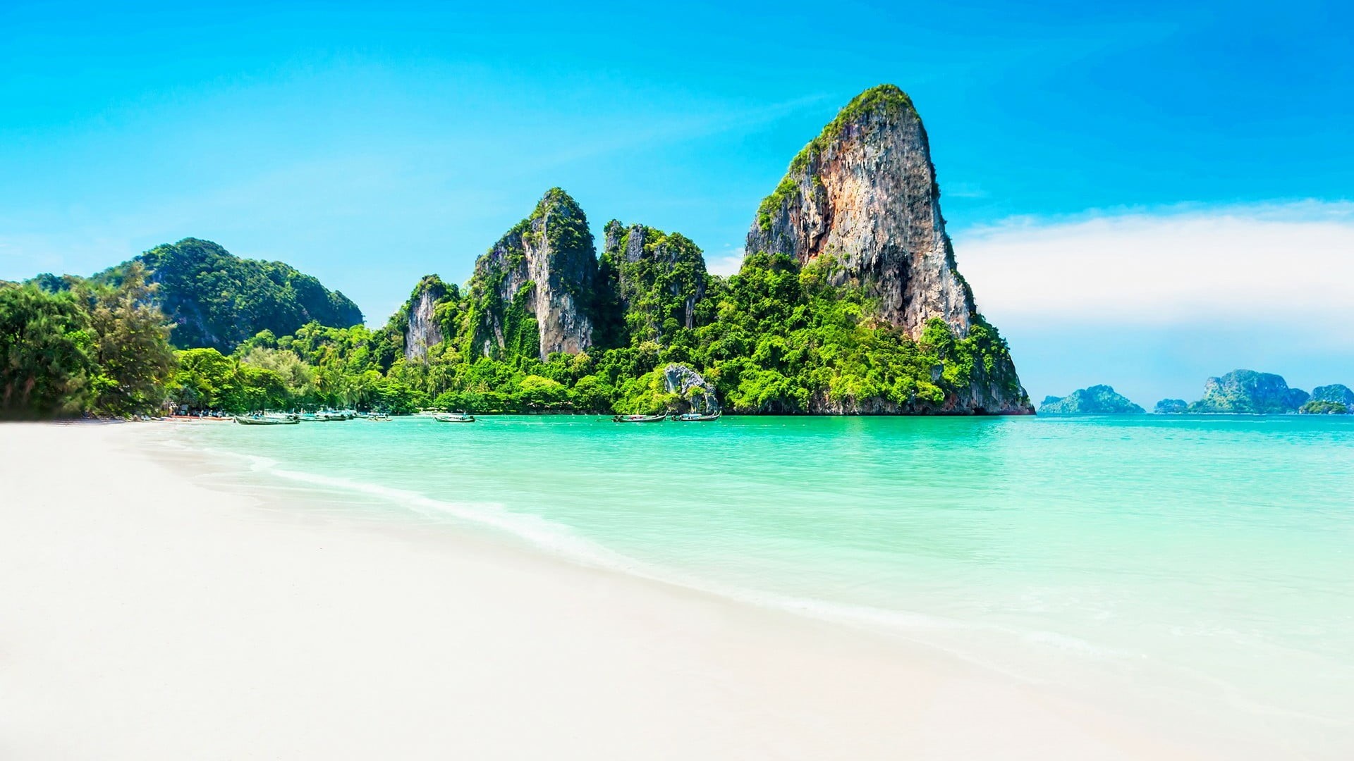 ocean, promontory, krabi, coast, thailand, 1080P, beauty in nature, rock, water, rock - object, turquoise colored, island, exotic, tranquil scene, solid, HD Wallpaper