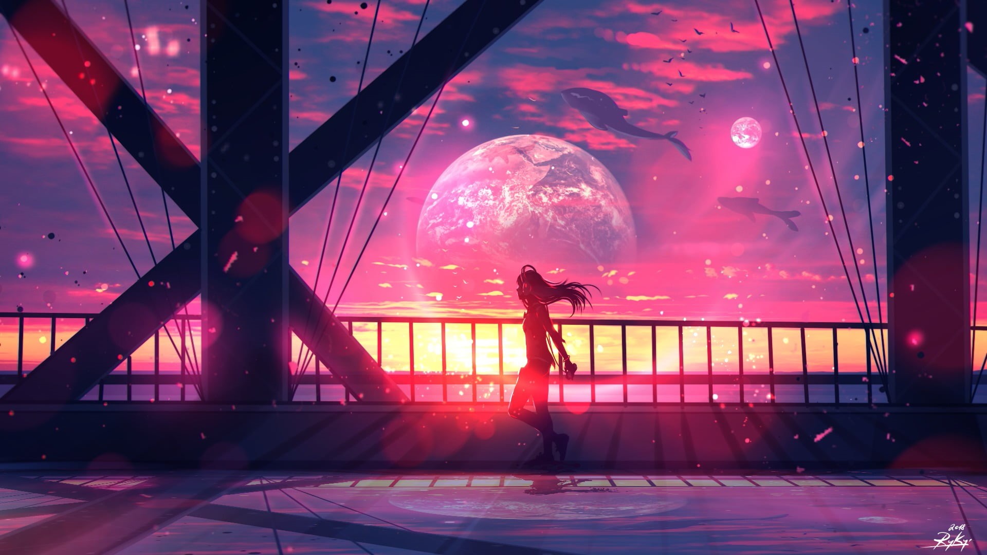 connection, architecture, one person, female, water, painting, anime, digital, real people, full length, illuminated, women, sky, whale, rear view, lifestyles, HD Wallpaper