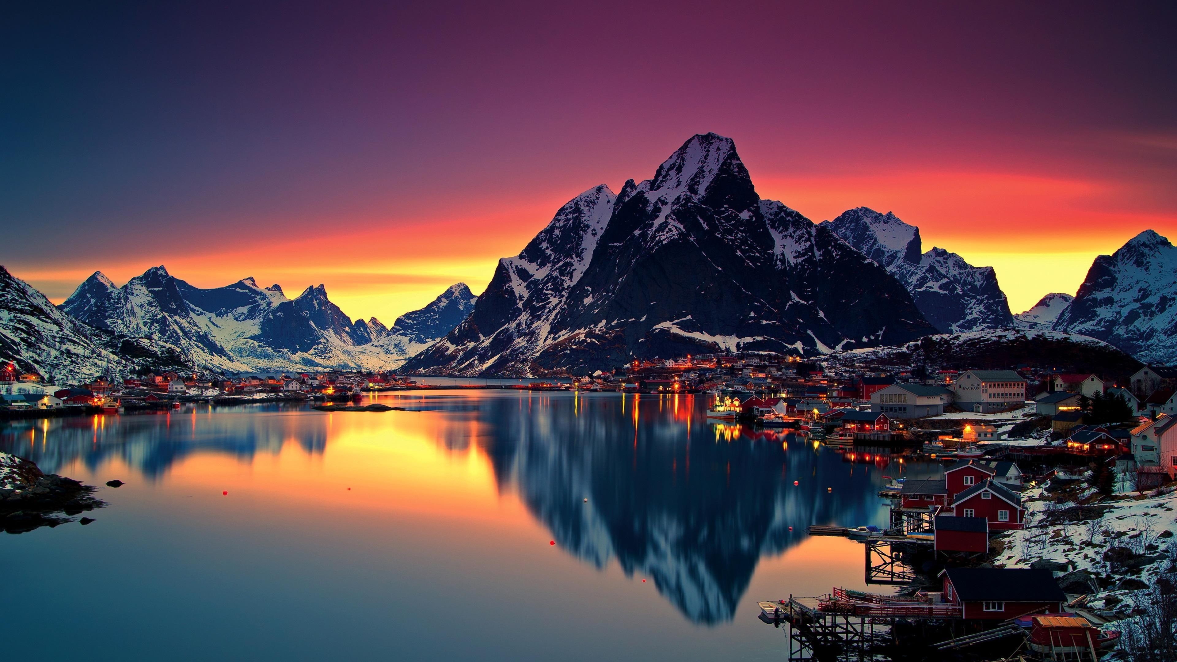 reflected, mountain range, sun, village, mount scenery, water, 4K, nordland, tourist attraction, sky, midnight sun, fishing village, reine, lake, sunrise, HD Wallpaper