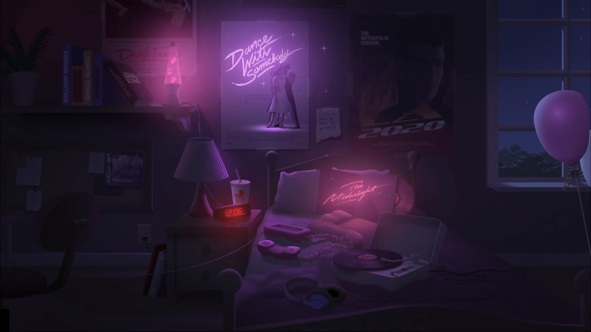 indoors, artwork, books, dark, room, window, bed, The Midnight Monsters, 1080P, balloon, vinyl, alarm clock, Film posters, lamp, HD Wallpaper