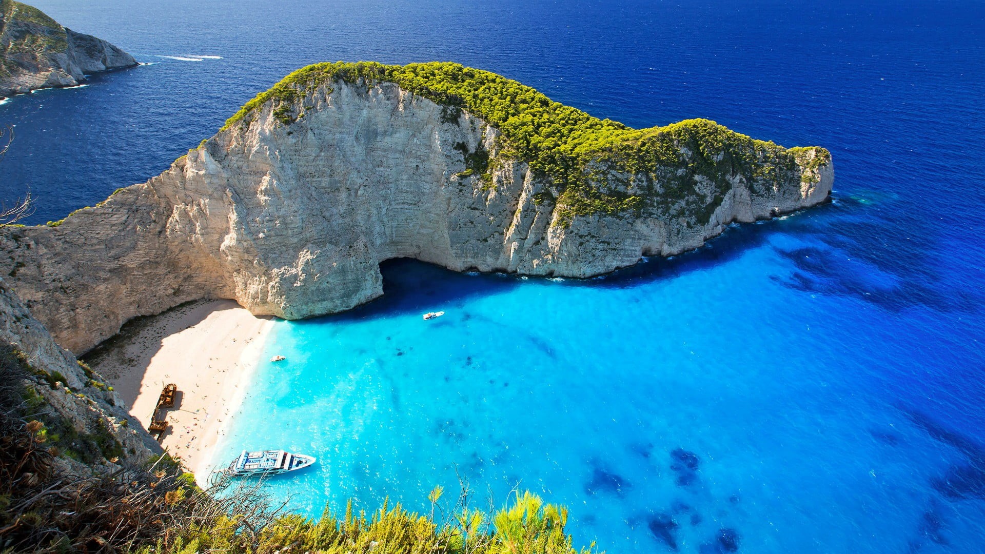 scenics - nature, tranquil scene, zakynthos, aerial photography, blue sea, tranquility, navagio, 1080P, azure, rock, no people, cape, greece, water, beach, HD Wallpaper