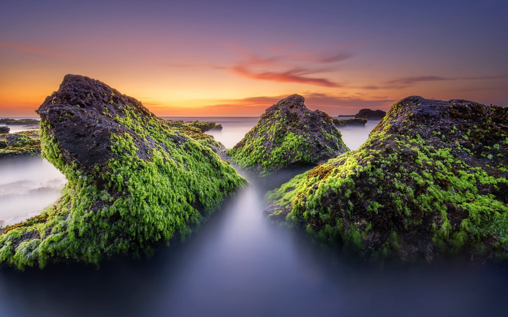 tranquility, tranquil scene, black, rocks, horizon, 1080P, rock, clouds, cloud - sky, landscape, scenics - nature, long exposure, green color, stones, HD Wallpaper