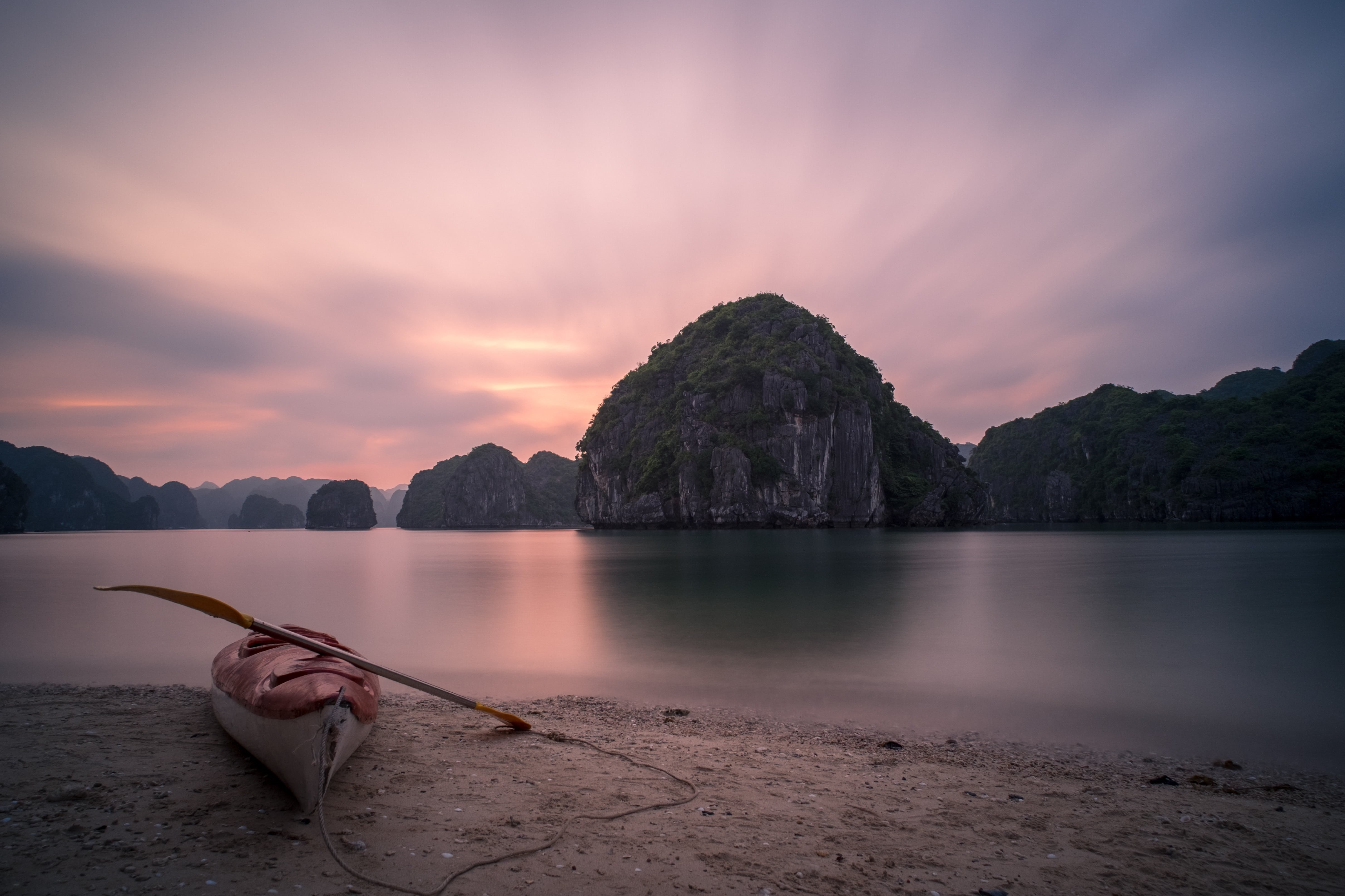 sunset, sky, tranquil scene, mountain, tranquility, land, rock, catbavietnam, one person, water, islet, vietnam, nature, beauty in nature, shoreline, beach, HD Wallpaper