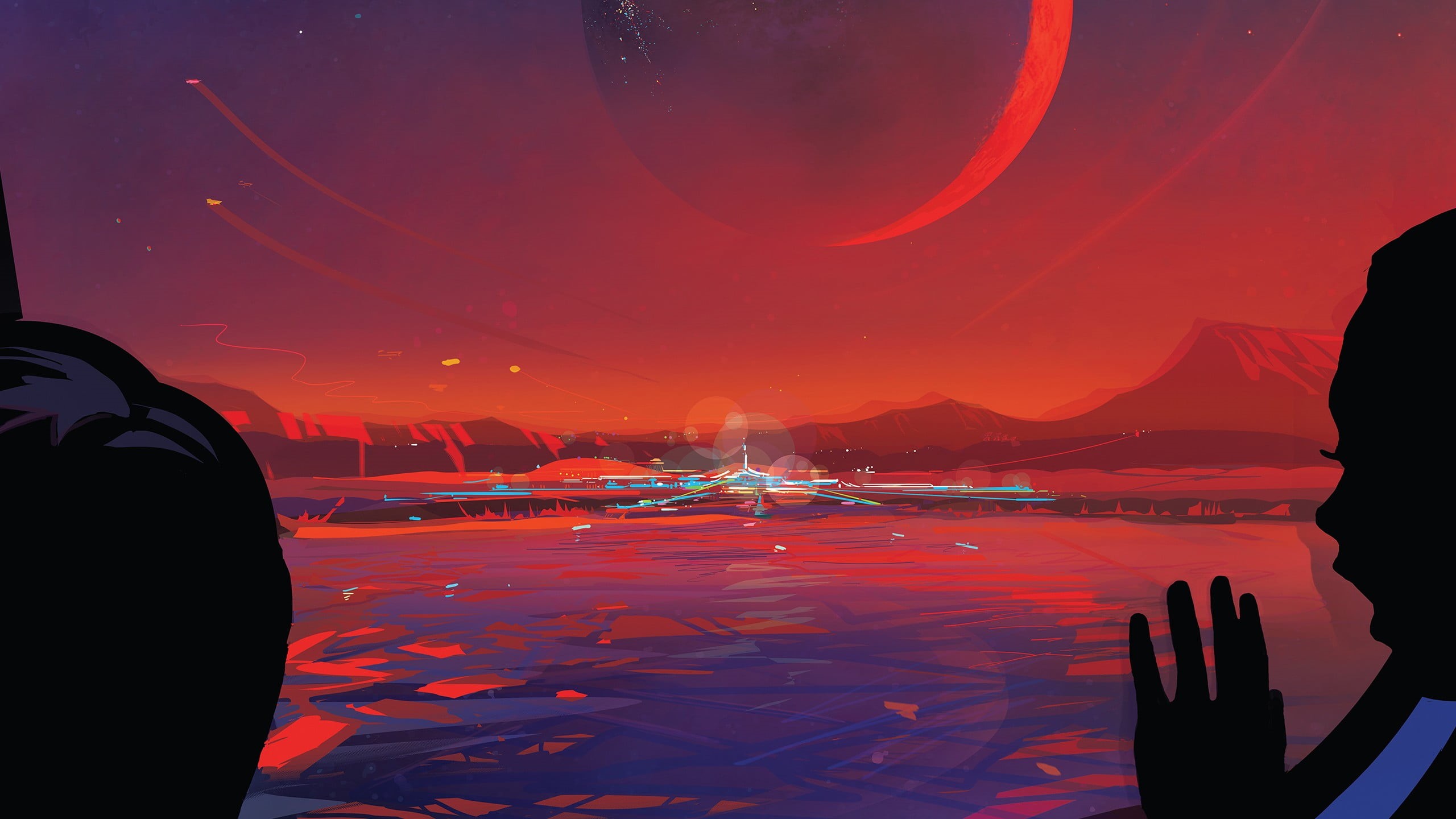 illuminated, people, sky, long exposure, night, real people, red, painting, scenics - nature, NASA, mountain, water, beauty in nature, glowing, winter, HD Wallpaper