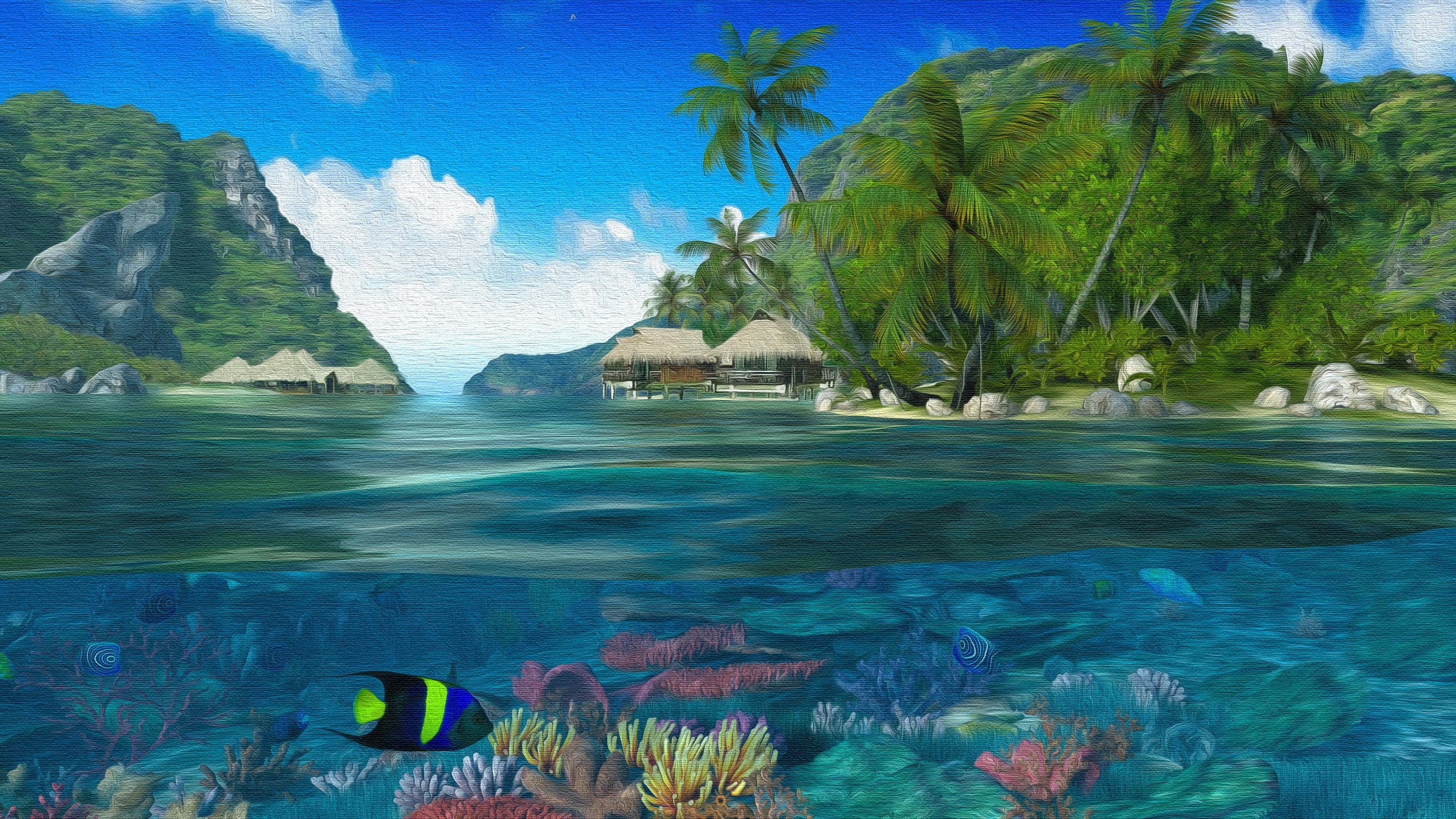 tropics, sea, landscape, palms, painting art, painting, sky, underwater, nature, lagoon, islet, water, tropical landscape, 4K, HD Wallpaper
