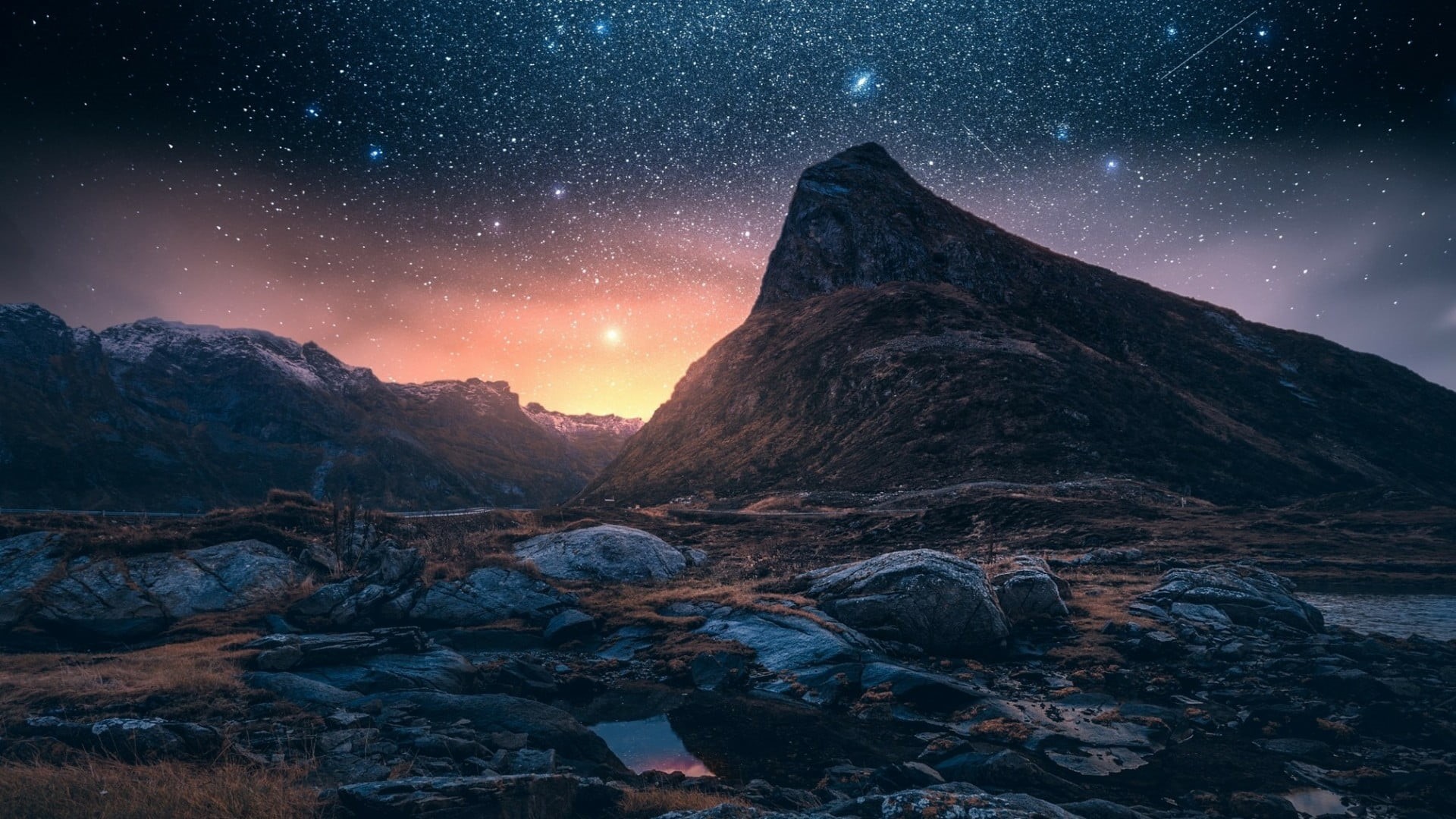 environment, landscape, night, nature, mountain, no people, star - space, iceland, mountain range, night sky, rock, star, tranquil scene, darkness, 1080P, HD Wallpaper