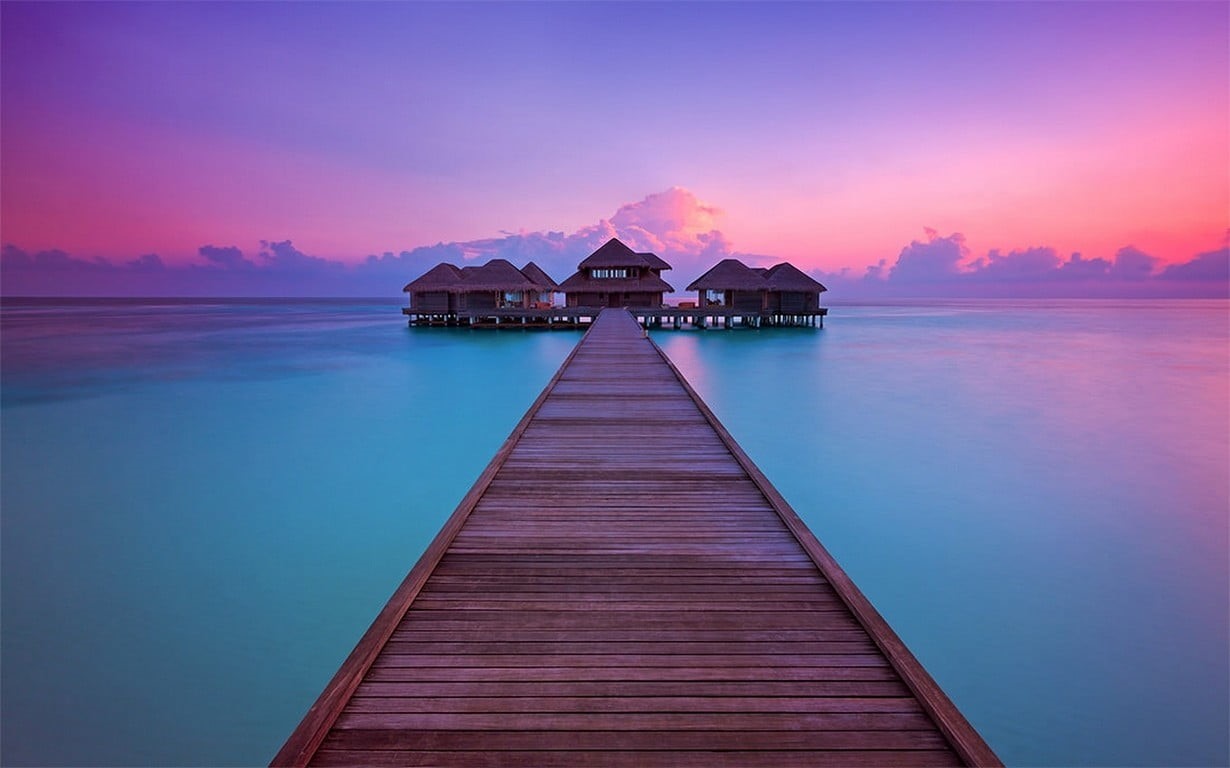purple, brown, architecture, clouds, wooden, water, sea, travel destinations, nature, jetty, landscape, dock, resort, dusk, beauty in nature, wood - material, HD Wallpaper