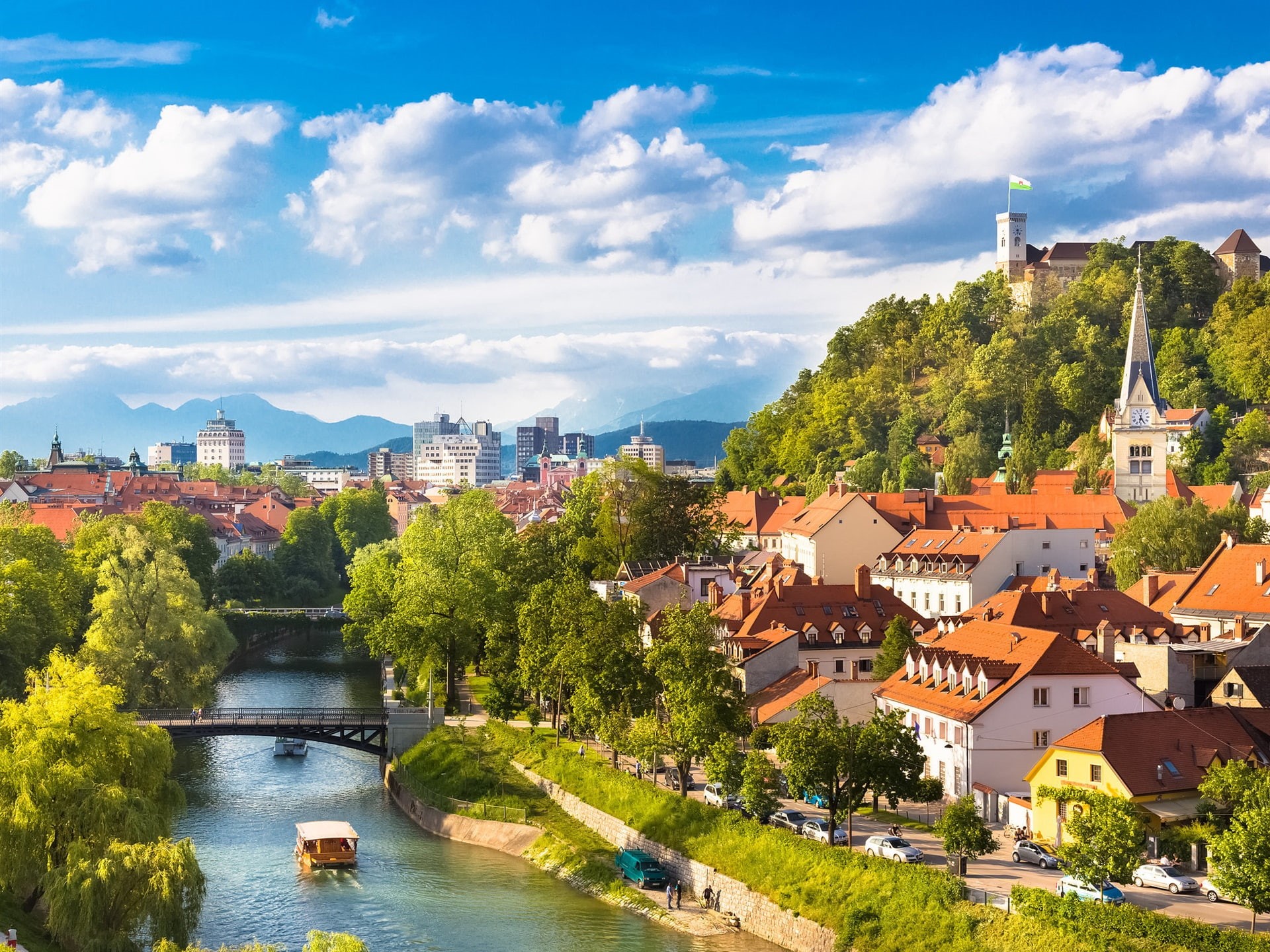 Mountains, Ljubljana, Clouds, Houses, Trees, Beautiful, Slovenia, River, 1080P, City, HD Wallpaper