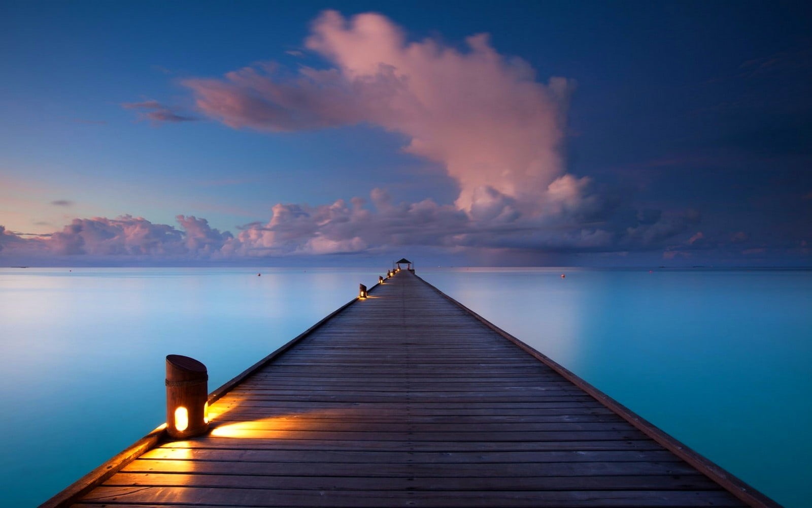 lights, idyllic, long, lake, nature, blue, wood - material, sea, sunset, pier, brown, water, direction, landscape, reflection, 720P, no people, wooden, HD Wallpaper