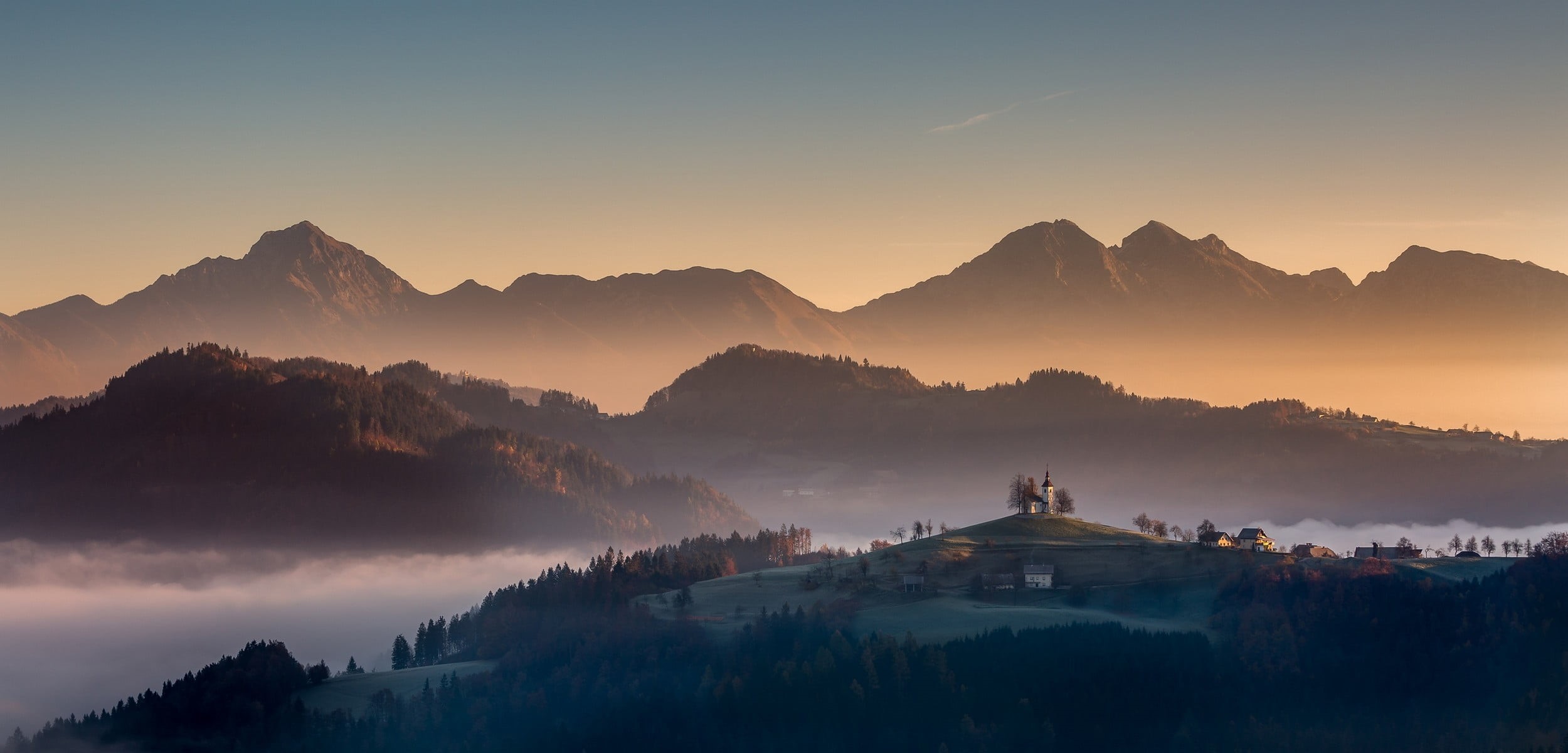 travel, house, forest, sunrise - dawn, sun, no people, environment, morning, mountains, village, sky, outdoors, architecture, mist, mountain, nature, mountain peak, HD Wallpaper