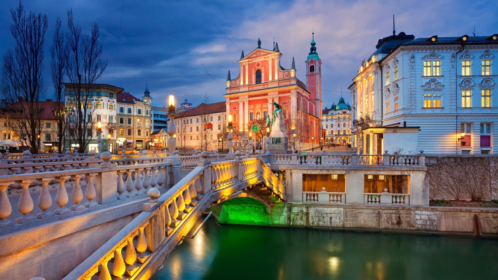 landmark, preseren square, building, old town, no people, nature, ljubljana, building exterior, 1080P, government, evening, cloud - sky, the past, night, HD Wallpaper