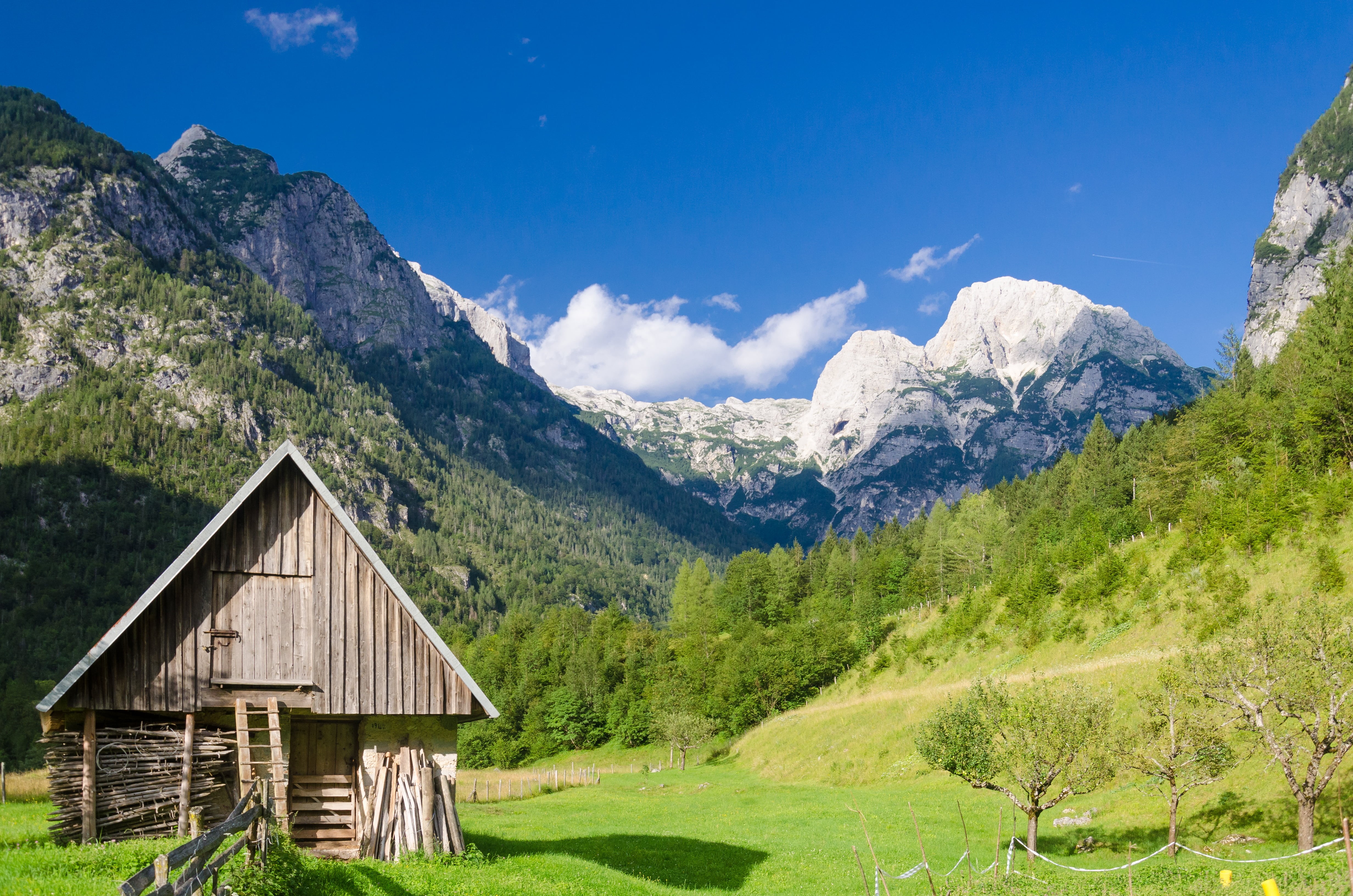 landscape, mountain, near, house, 4K, green  travel, scenics, Slovenia, summer, european Alps, daytime, Trenta Valley, sky  blue, wooden, side, nature, HD Wallpaper