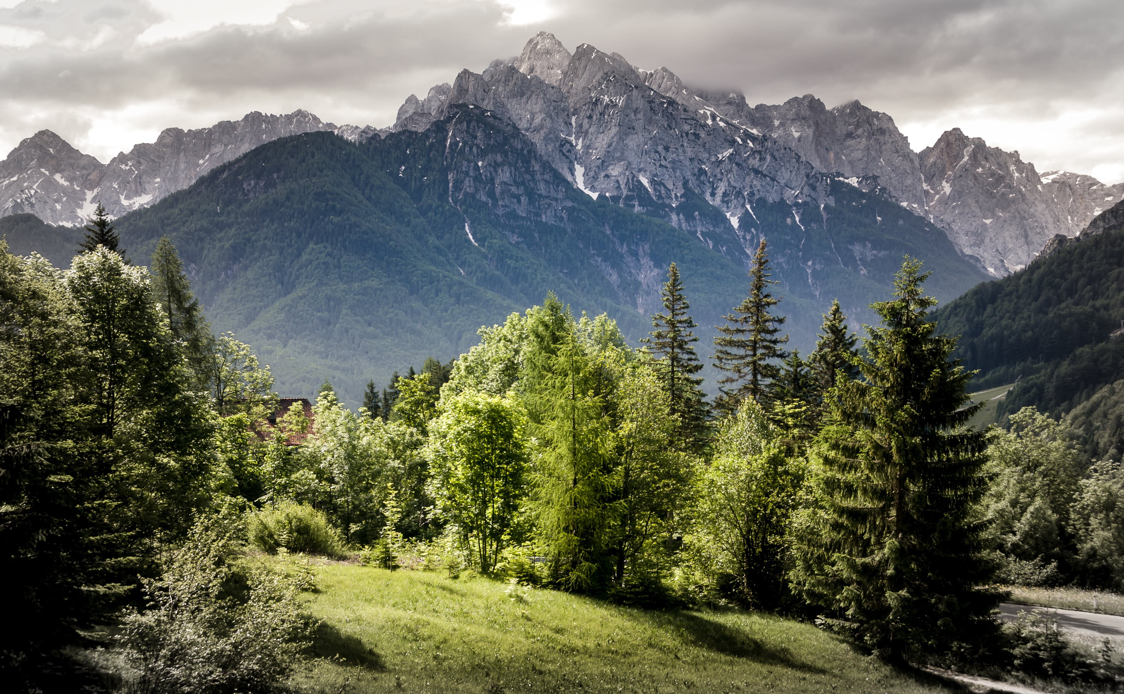 mountain Peak, Sava, landscape, 4K, outdoors, european Alps, tree, clouds, Wurzenpass, scenics, landscape photography, countryside, summer, Slovenia, mountain, HD Wallpaper
