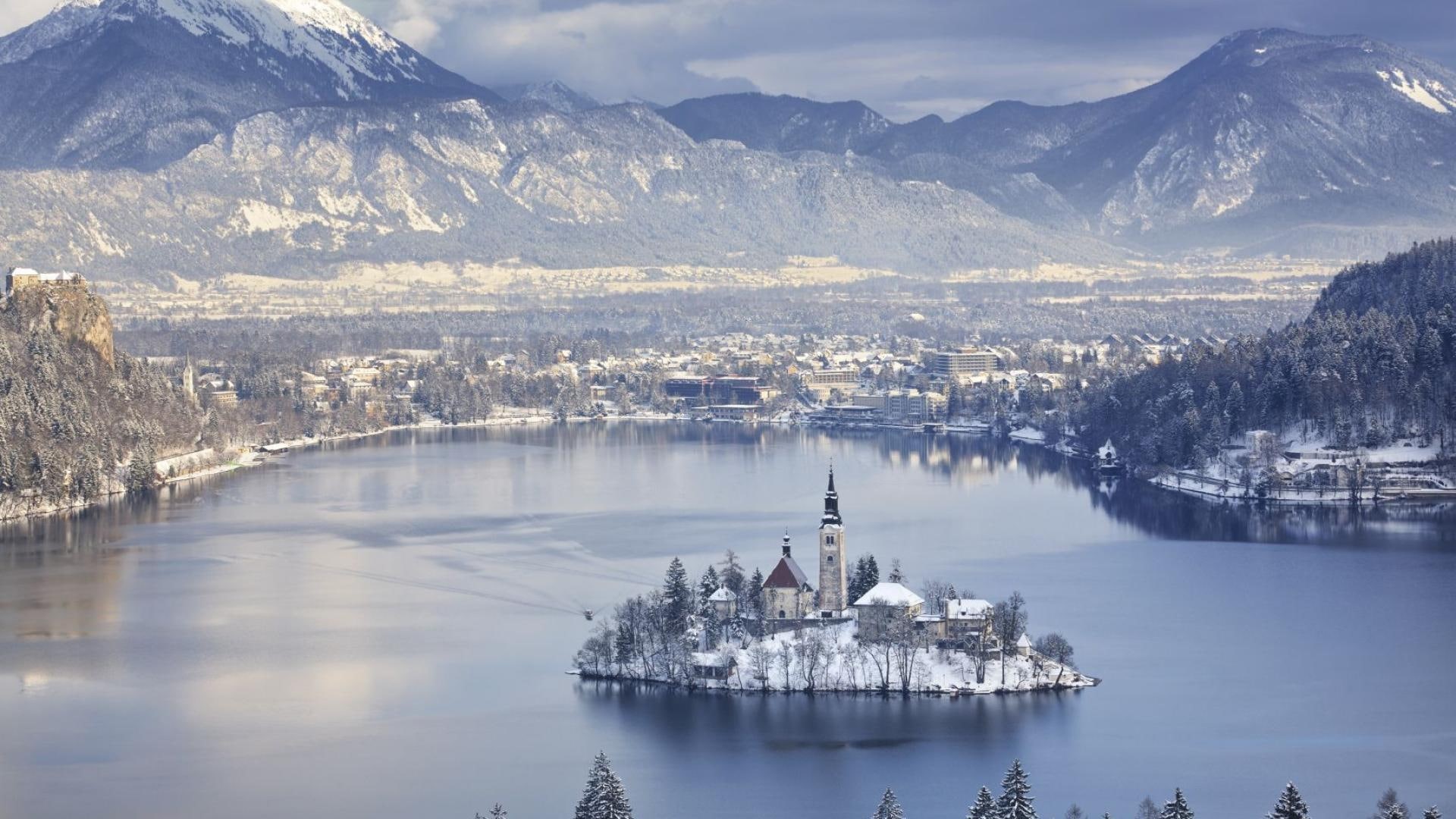 oft, mountains, 1080P, lake, photographed, nature and landscapes, island, bled, church, slovenia, winter, HD Wallpaper